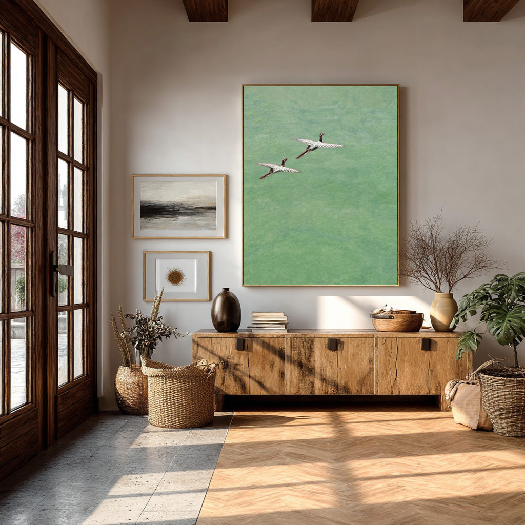 Abstract Bird Flight Canvas | Tranquil Green Landscape #AG 085