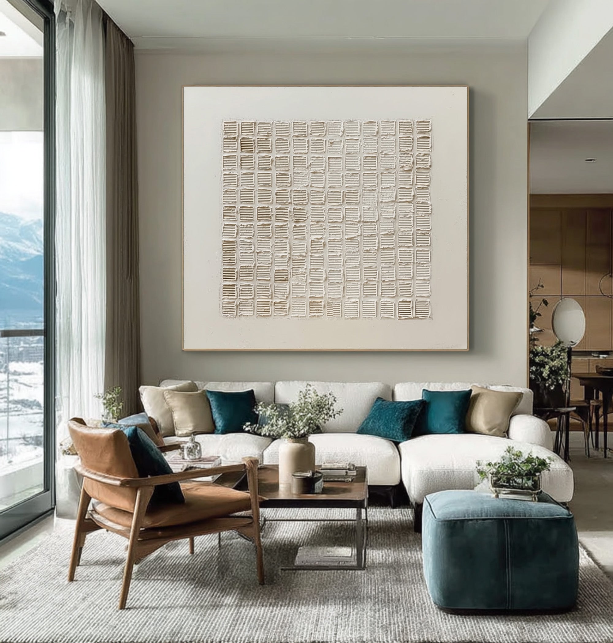 Large Textured Grid Art - Minimalist White Abstract #AG 058