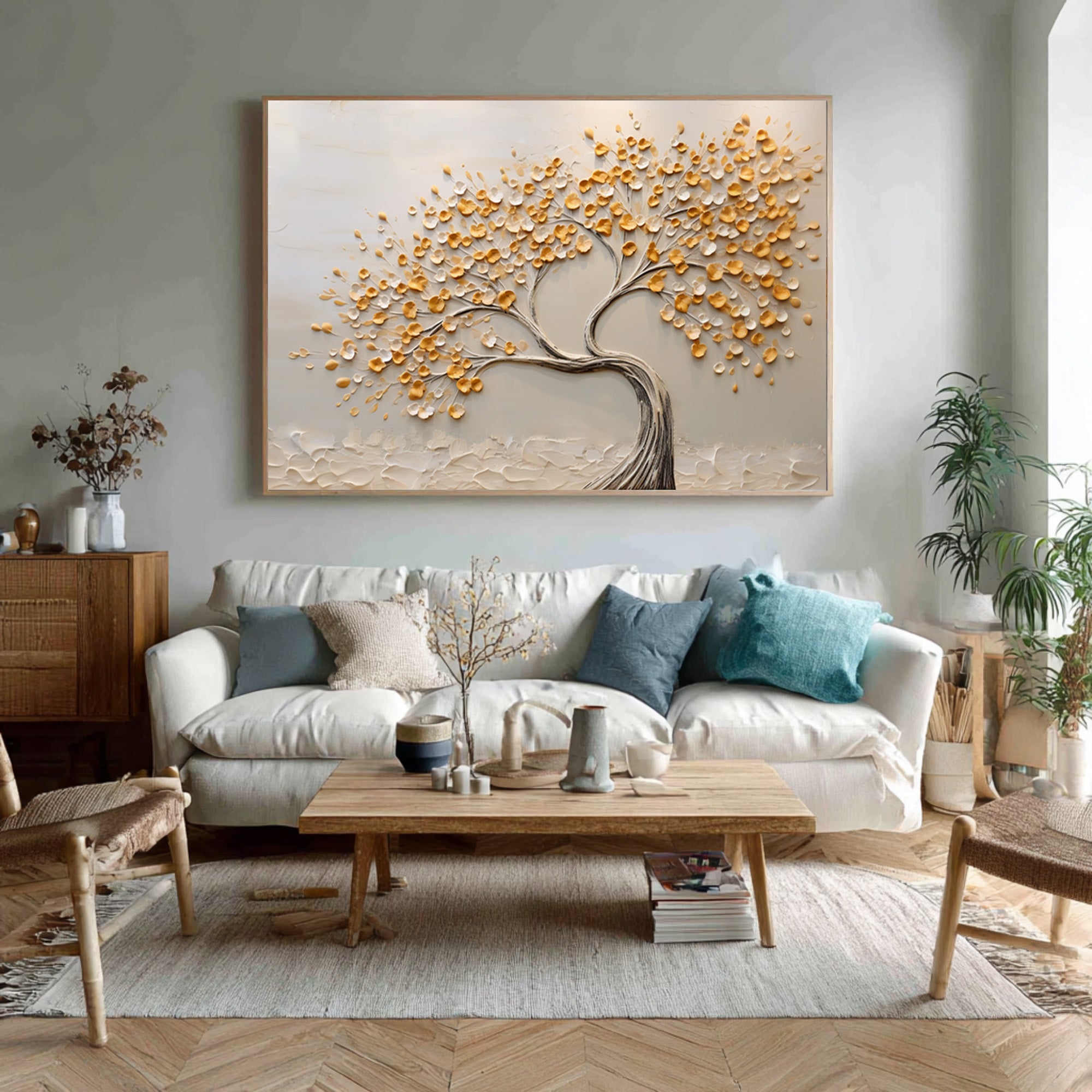 Neutral Tone Tree Artwork Hand Painted Gold Accents #AG 093