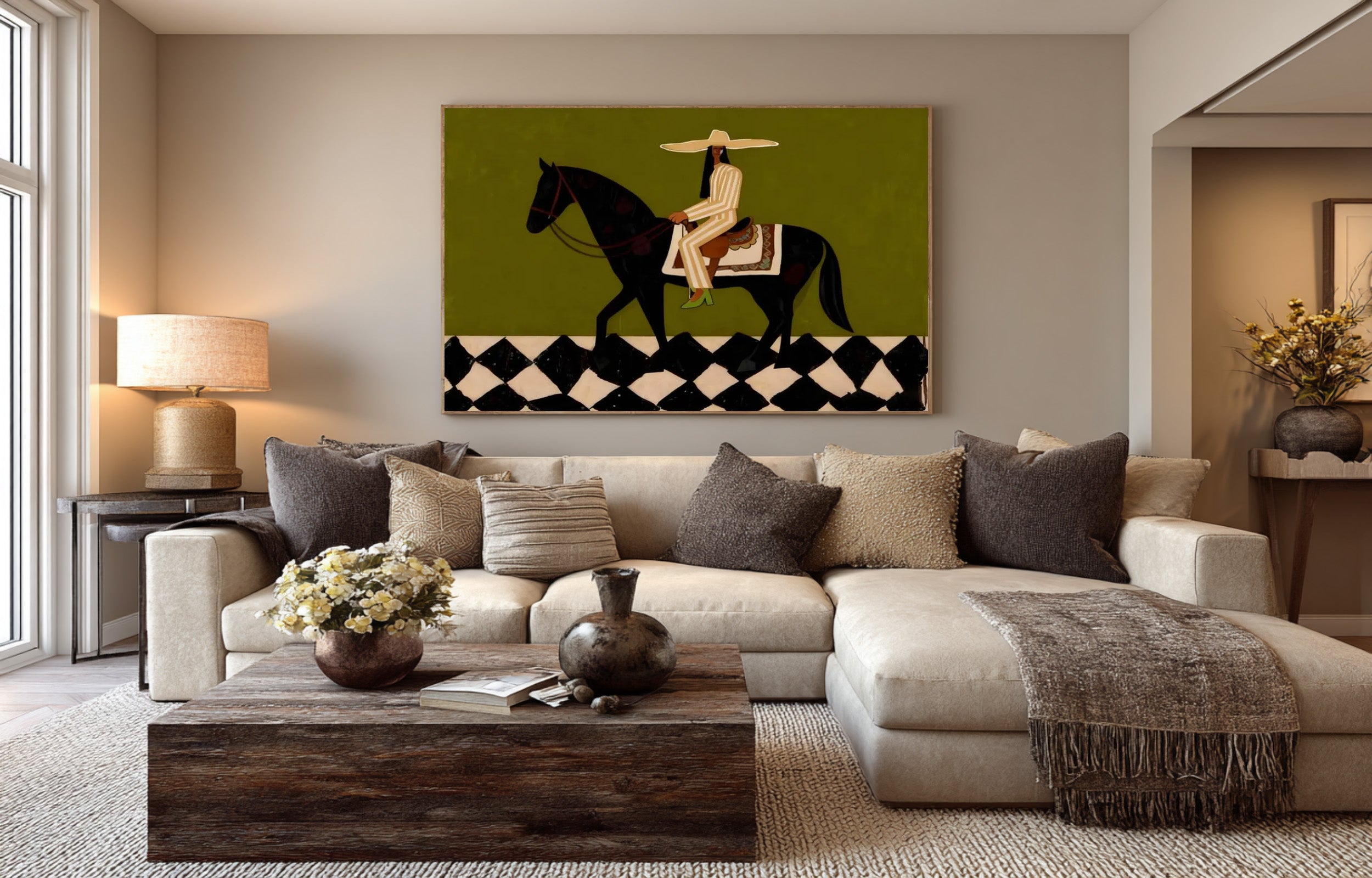 Large Modern Equestrian Wall Art Black Horse and Rider Painting | KeiraArt