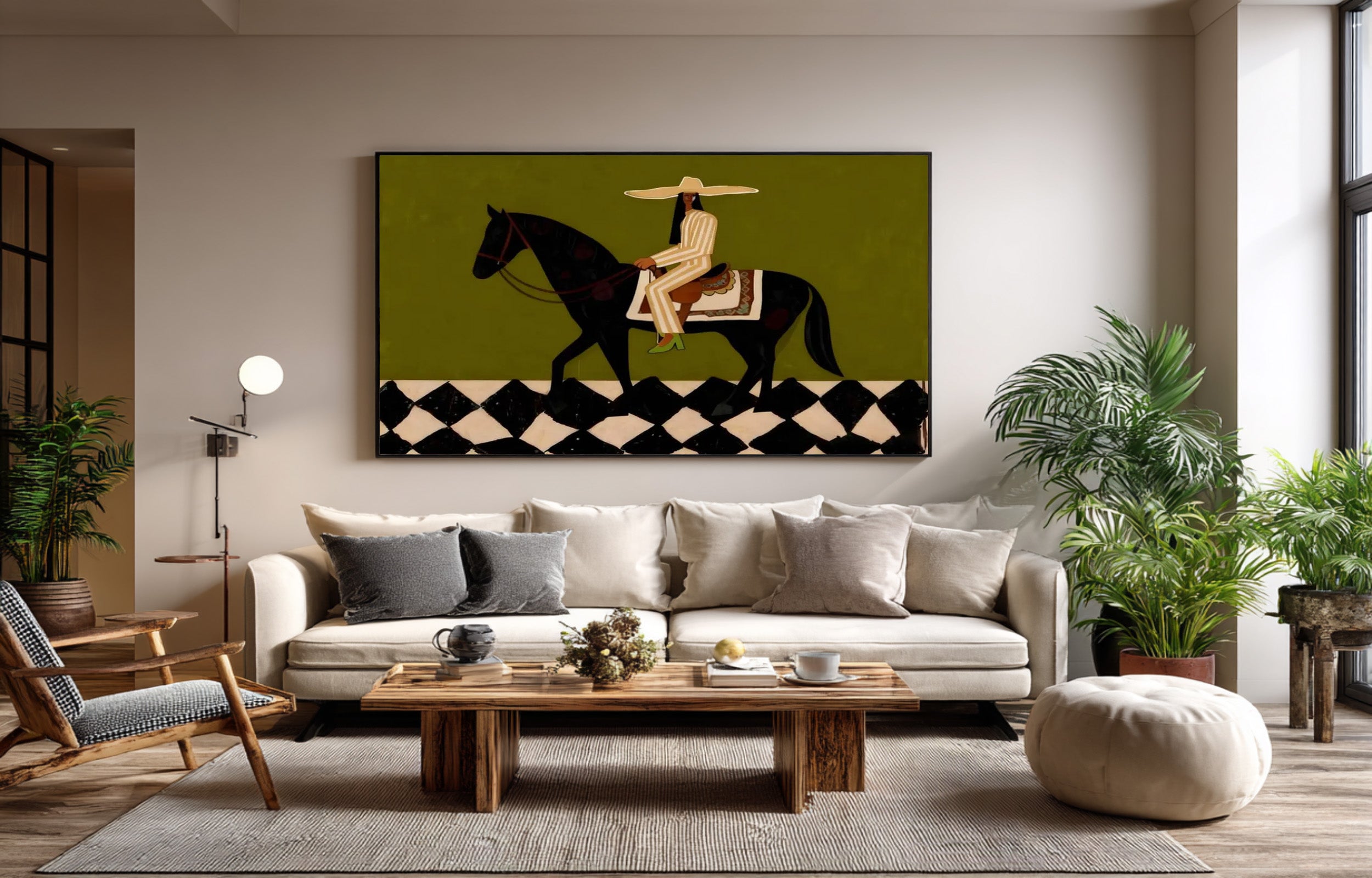 Large Modern Equestrian Wall Art Black Horse and Rider Painting | KeiraArt