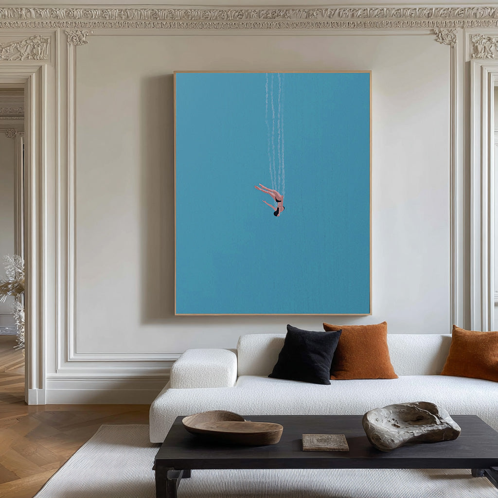 Minimalist Diver Art Blue Abstract Figure Painting #AG 097