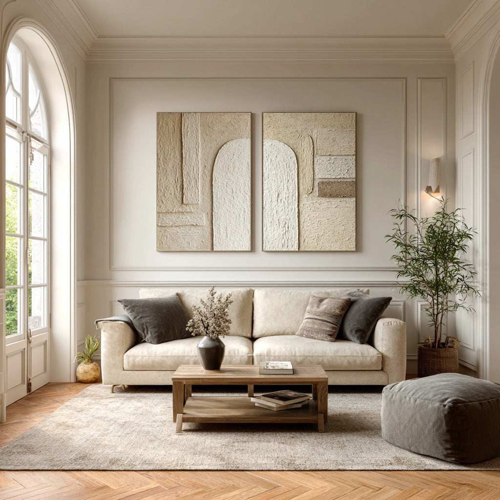Modern Square Abstract Art White & Gold Textured Set Of 2 #AG 043