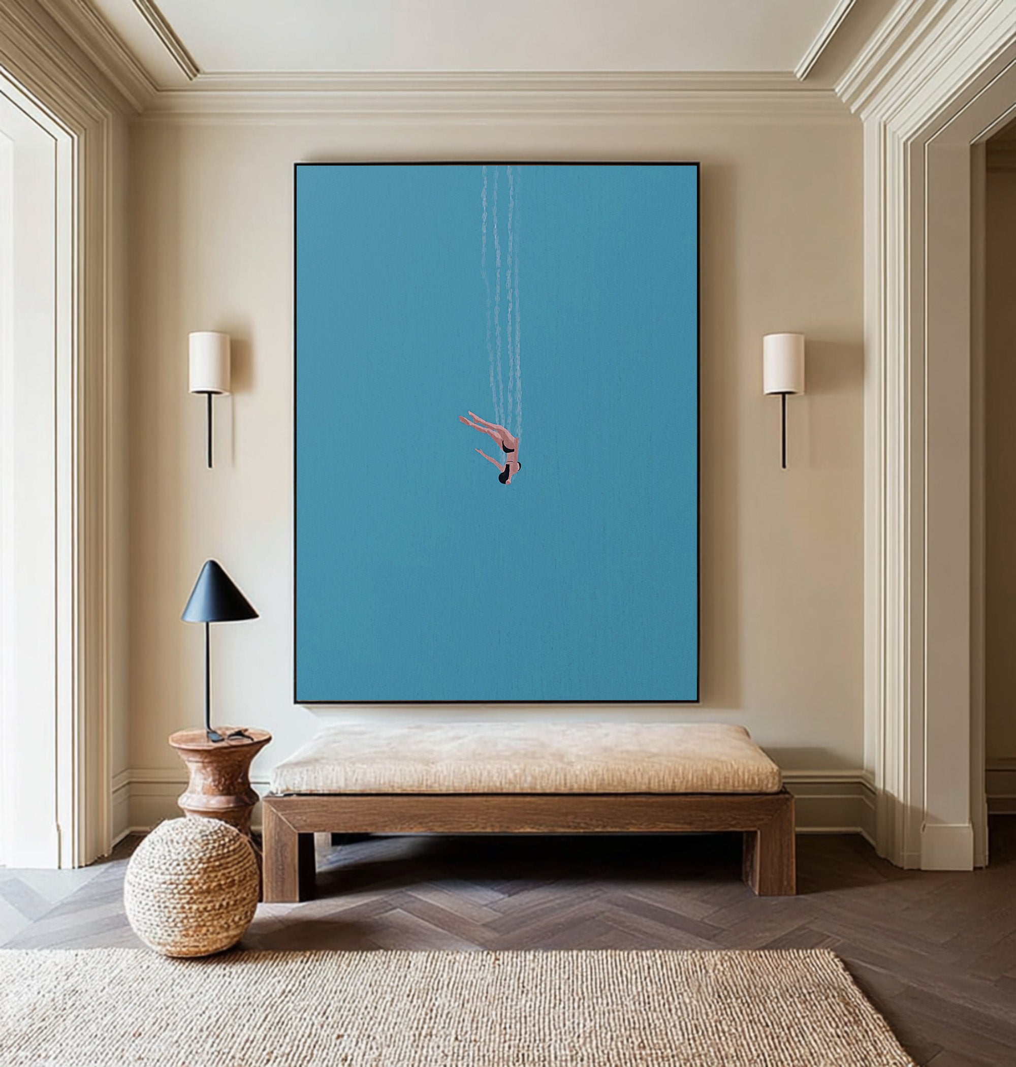 Minimalist Diver Art Blue Abstract Figure Painting #AG 097