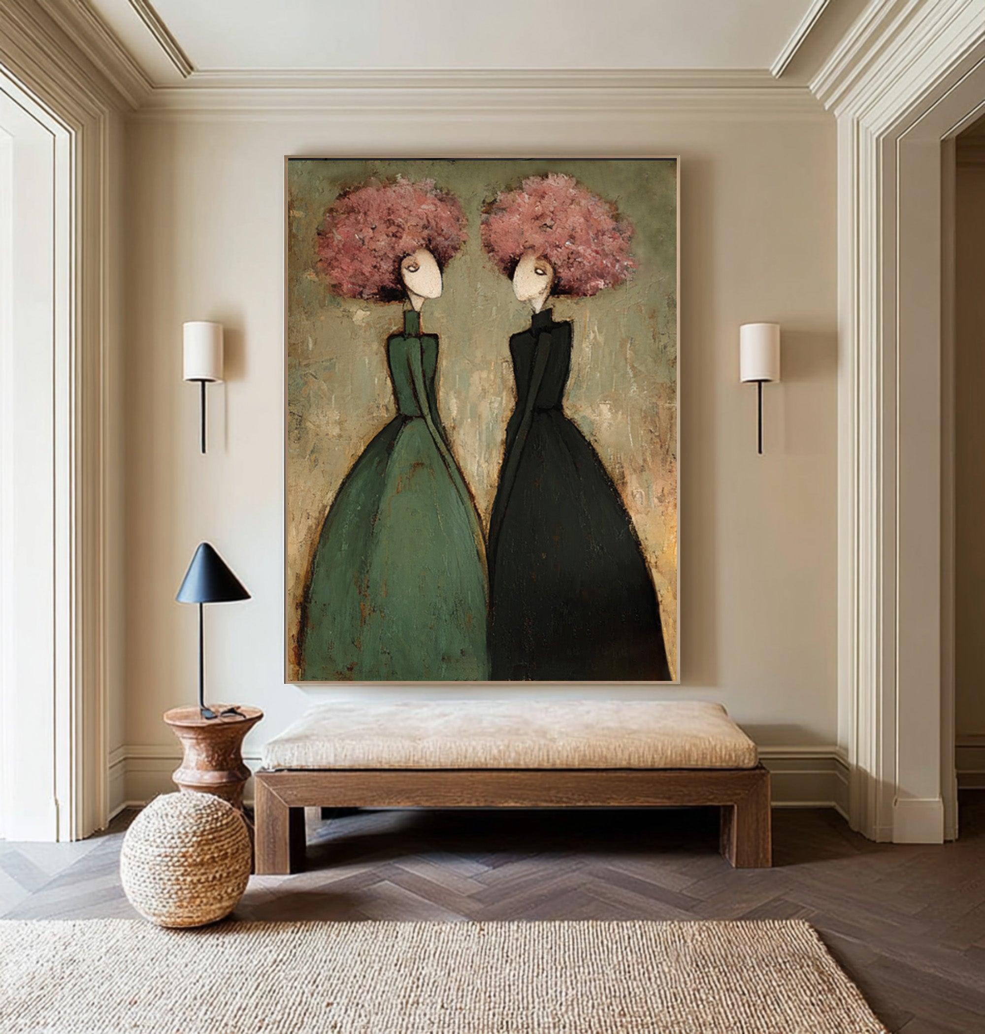 Green Figurative Oil Painting of Two Women #CZ 033