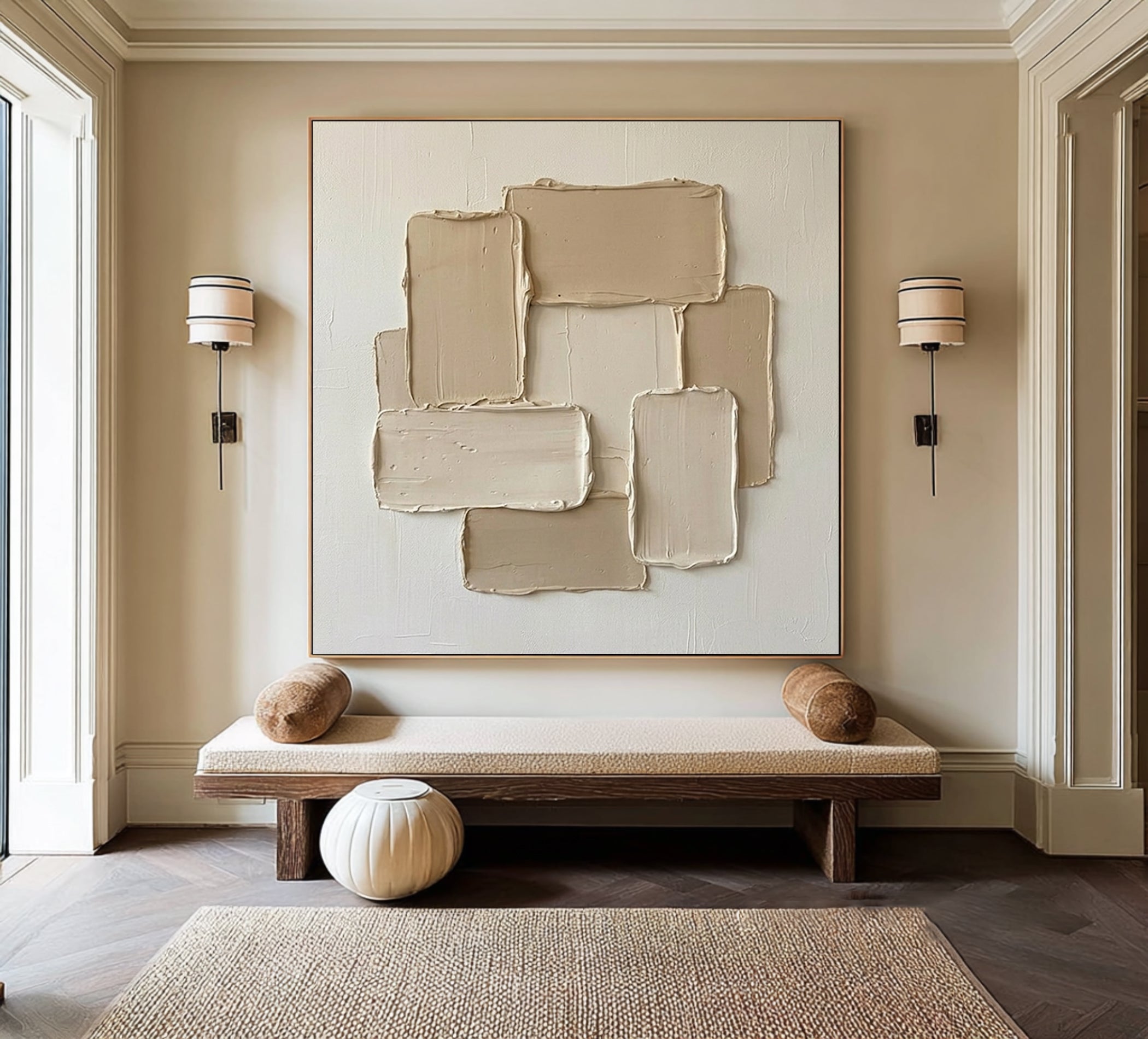 Large Contemporary Oil Painting in Beige and White with Abstract Textured Blocks