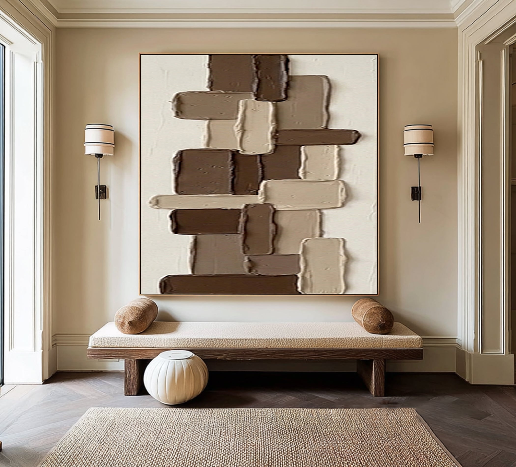 Large Brown Textured Abstract Wall Art Hand Painted Geometric Canvas