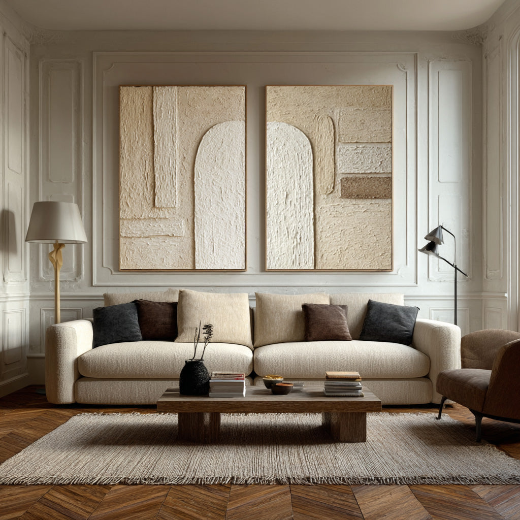 Modern Square Abstract Art White & Gold Textured Set Of 2 #AG 043