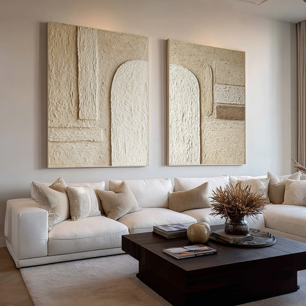 Modern Square Abstract Art White & Gold Textured Set Of 2 #AG 043