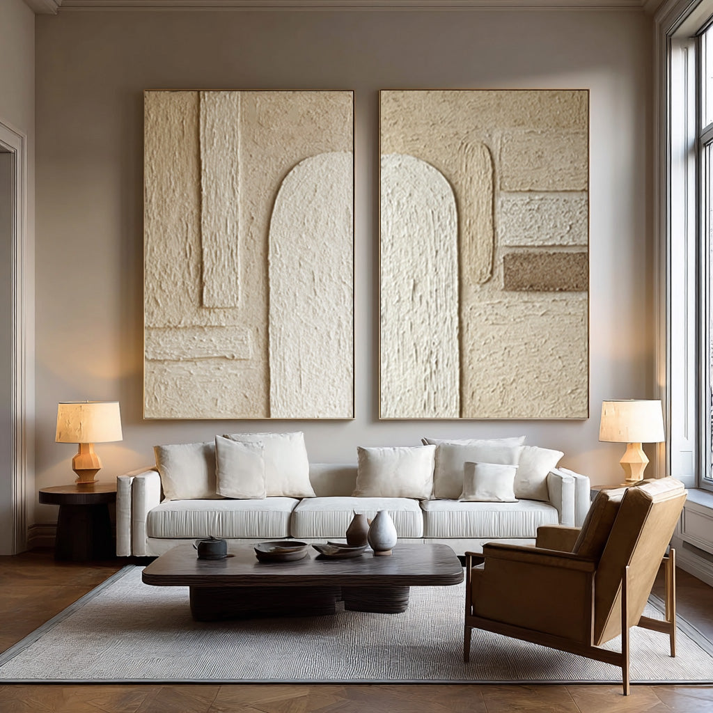 Modern Square Abstract Art White & Gold Textured Set Of 2 #AG 043