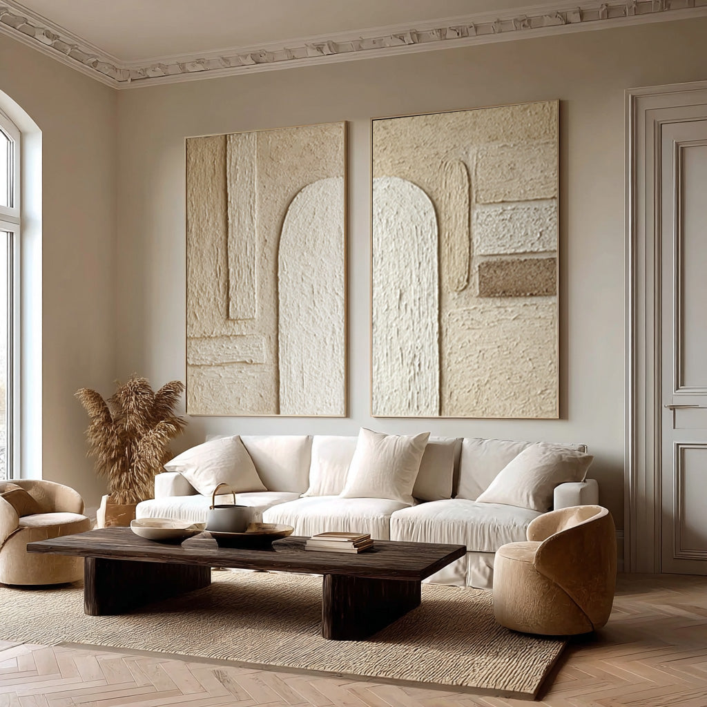 Modern Square Abstract Art White & Gold Textured Set Of 2 #AG 043