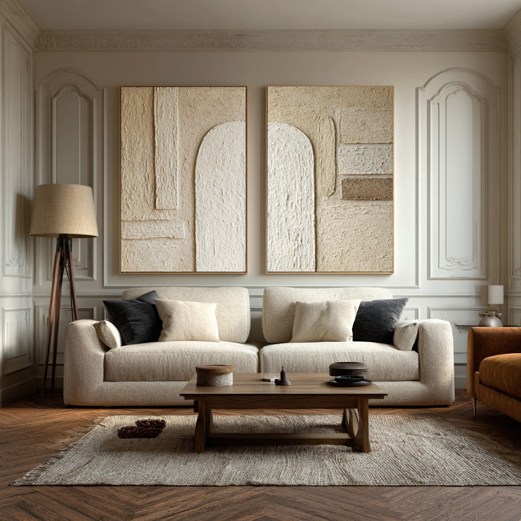 Modern Square Abstract Art White & Gold Textured Set Of 2 #AG 043
