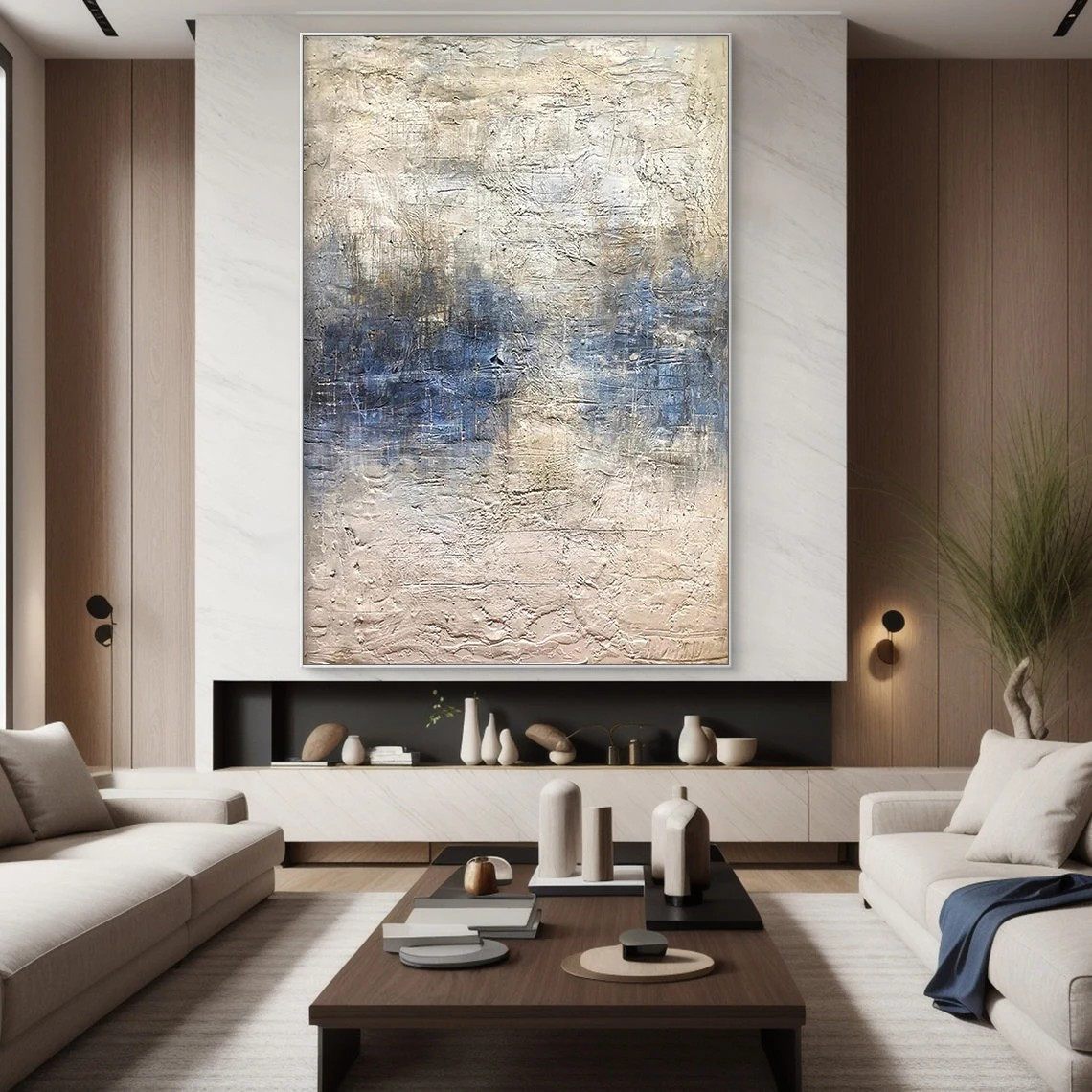 Large Abstract Canvas Art Blue and Beige Modern Wall Decor #AP 079