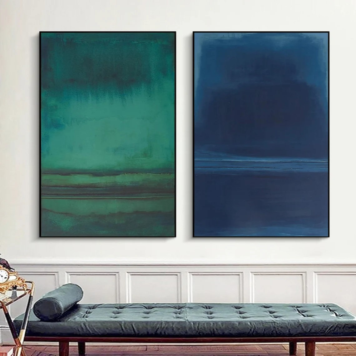Teal and Navy Blue Abstract Art Set of 2 for Modern Wall Decor #AP 084