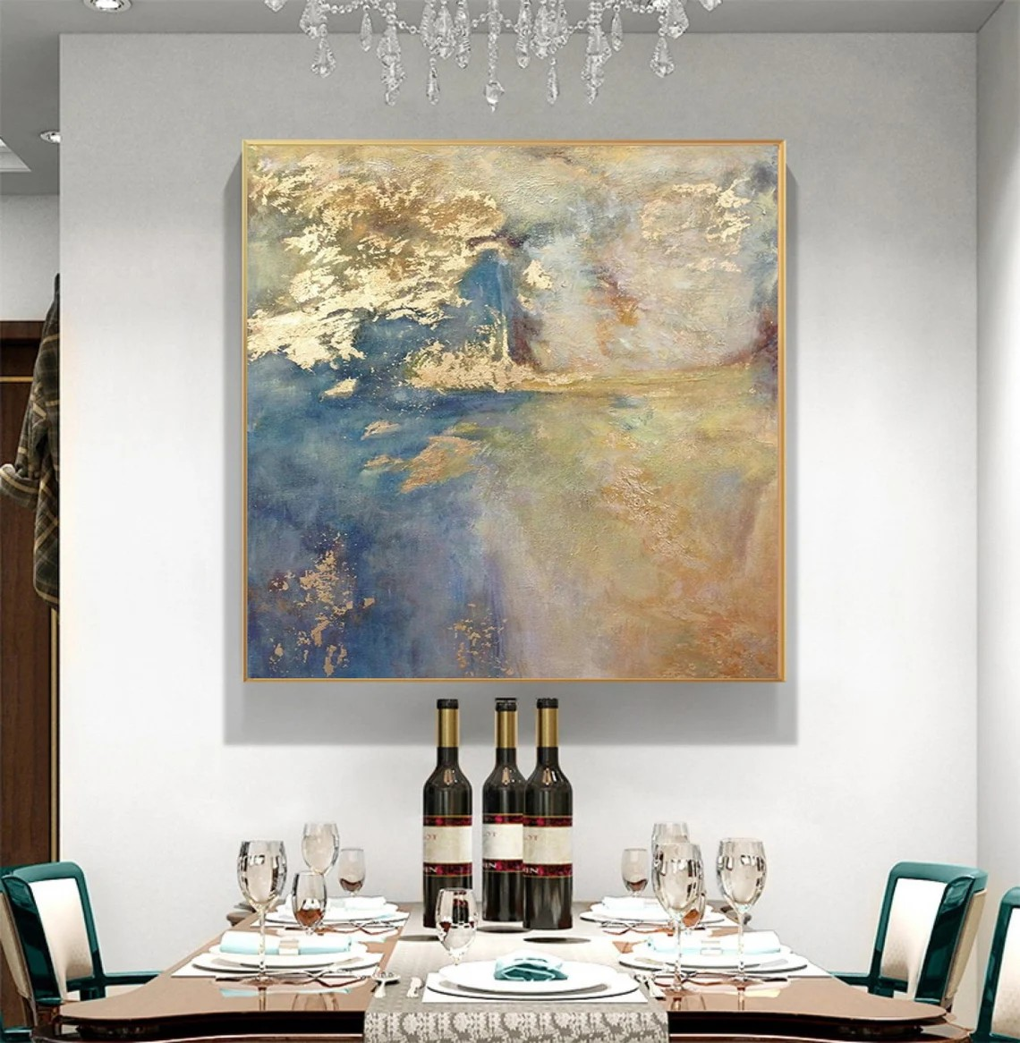 Large Modern Gold Accent Abstract - Blue Oil Painting #AP 115
