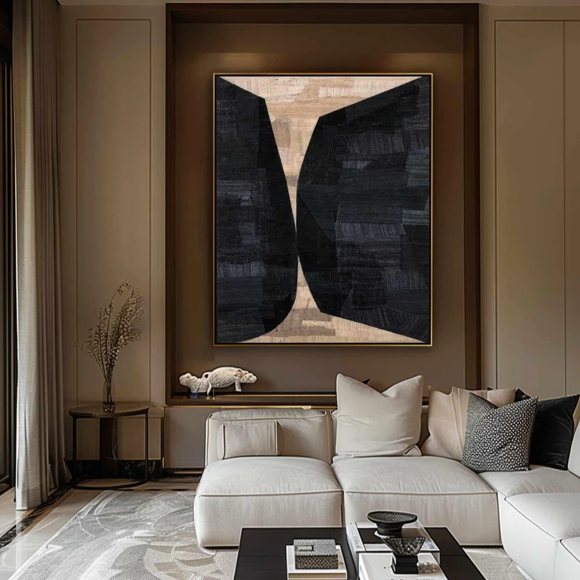 Geometric Abstract Painting Black and Beige Wall Art #AP 091