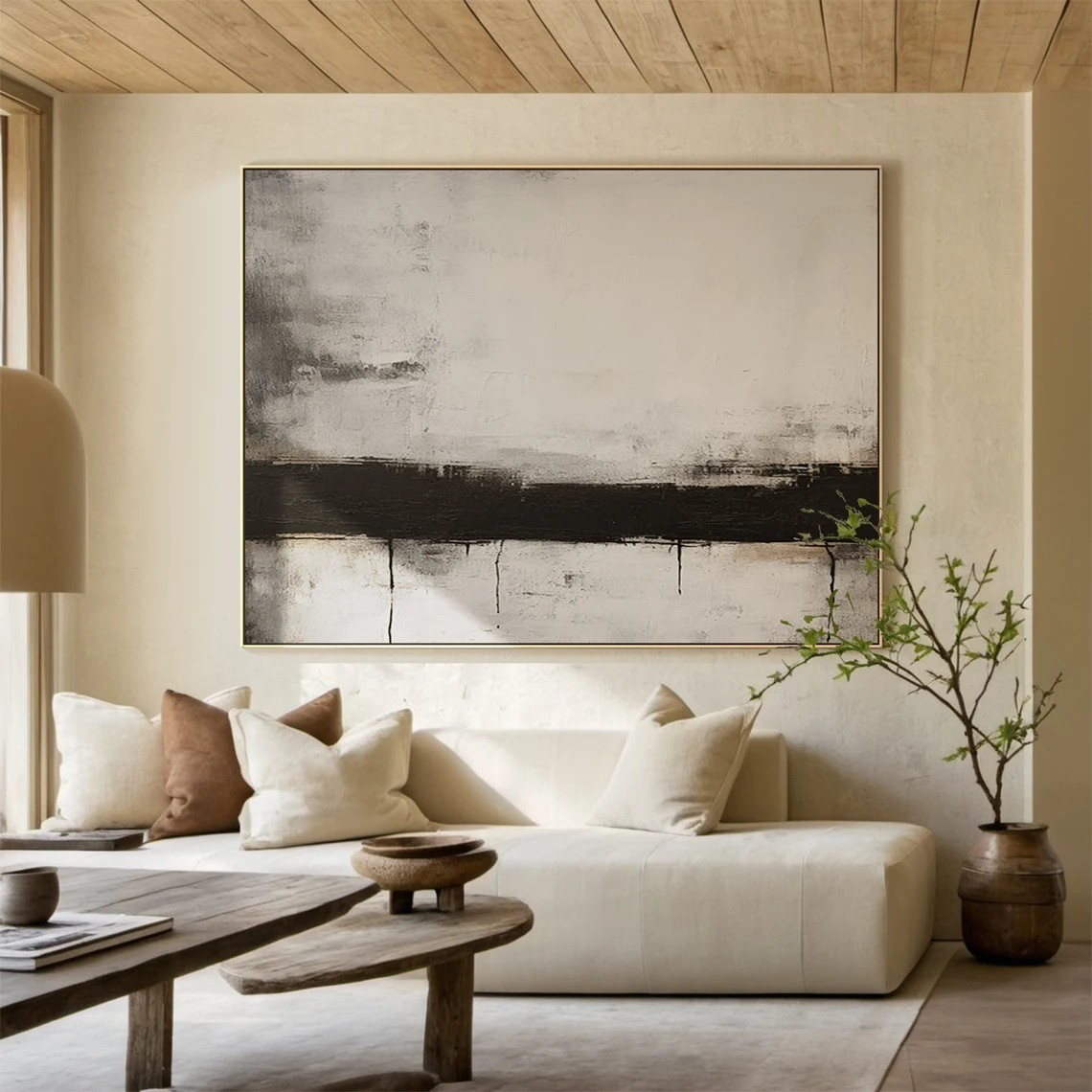 Black Stripe Abstract Painting - Large Horizontal Canvas Art #AP 109