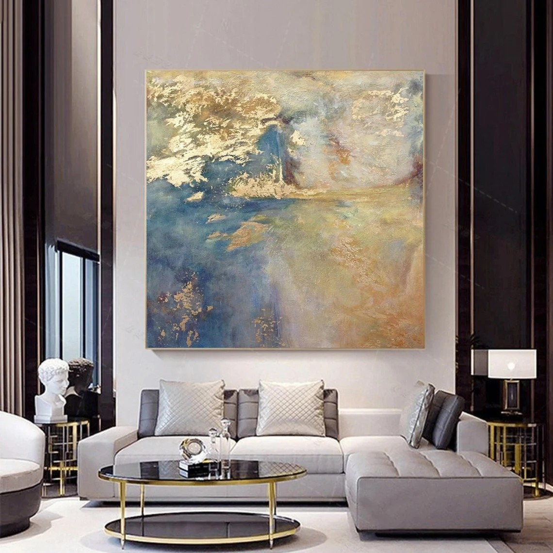 Large Modern Gold Accent Abstract - Blue Oil Painting #AP 115