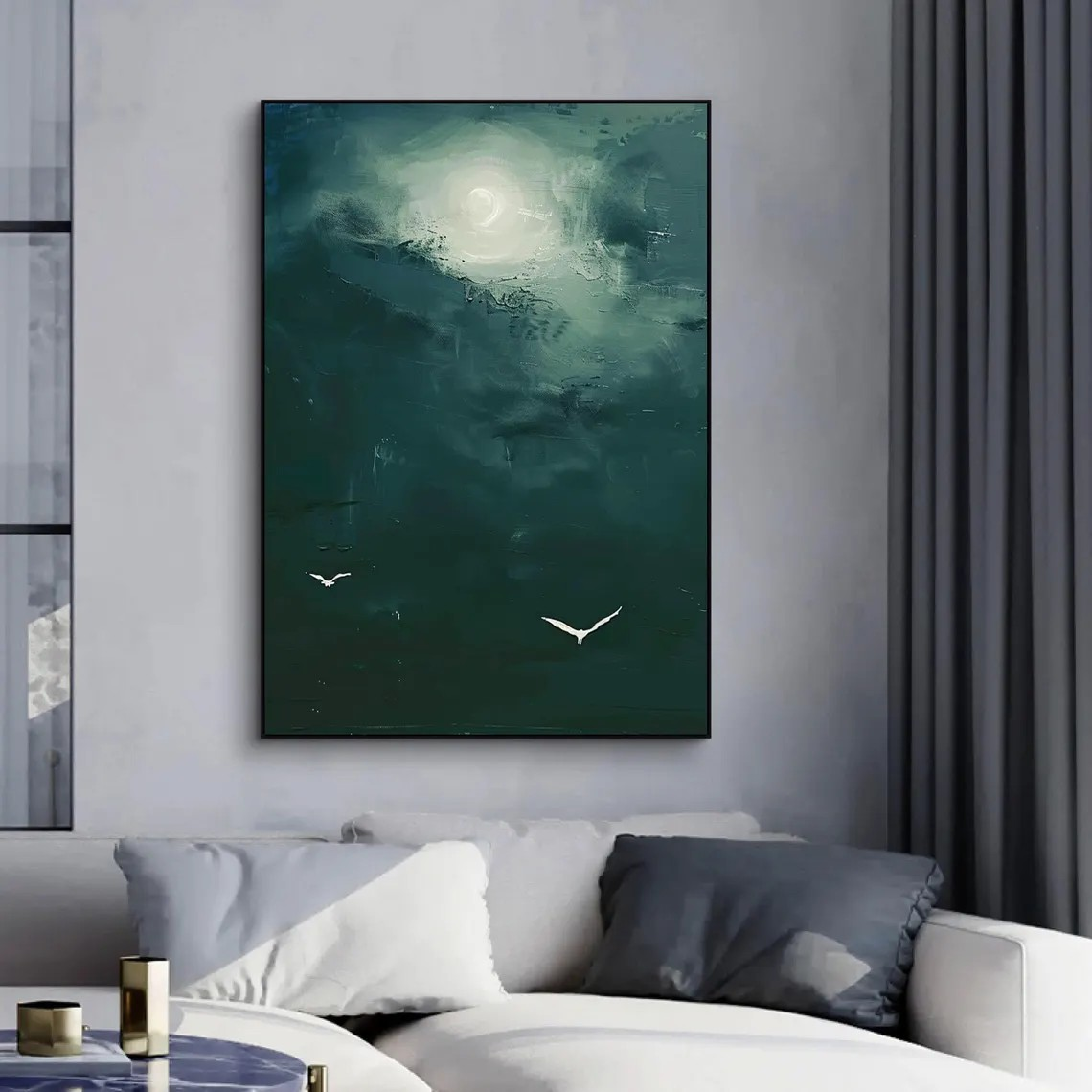 Moonlight & Birds Abstract Canvas Deep Green Wall Art #AP 077