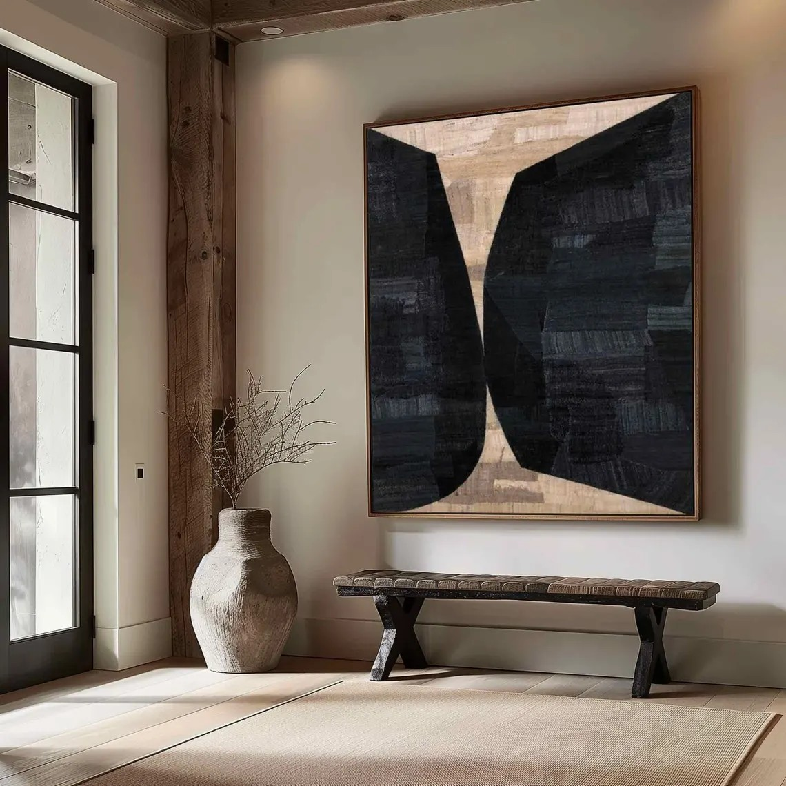 Geometric Abstract Painting Black and Beige Wall Art #AP 091