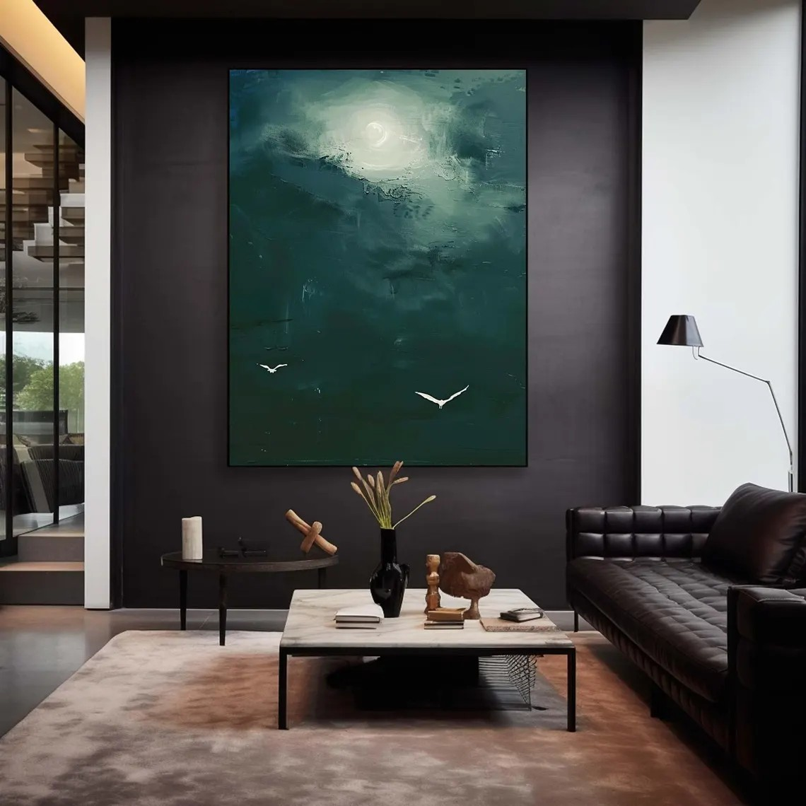 Moonlight & Birds Abstract Canvas Deep Green Wall Art #AP 077
