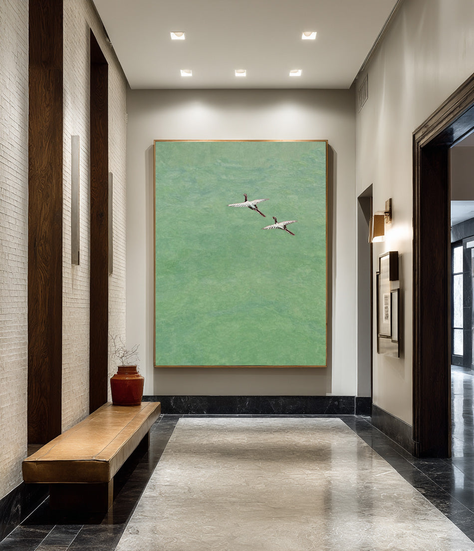 Modern Crane Silhouette Art | Muted Green Wall Decor #AG 086