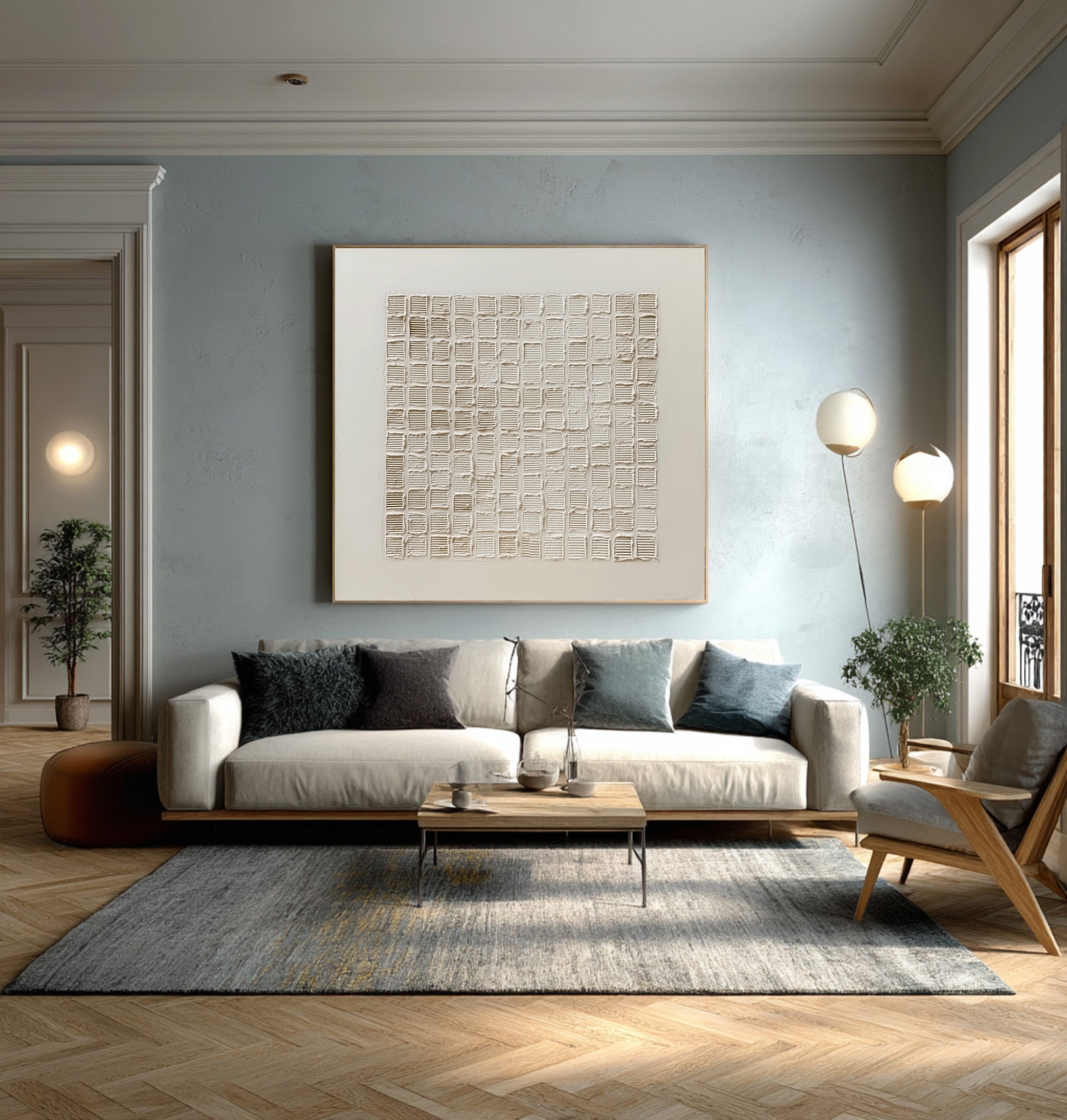 Large Textured Grid Art - Minimalist White Abstract #AG 058