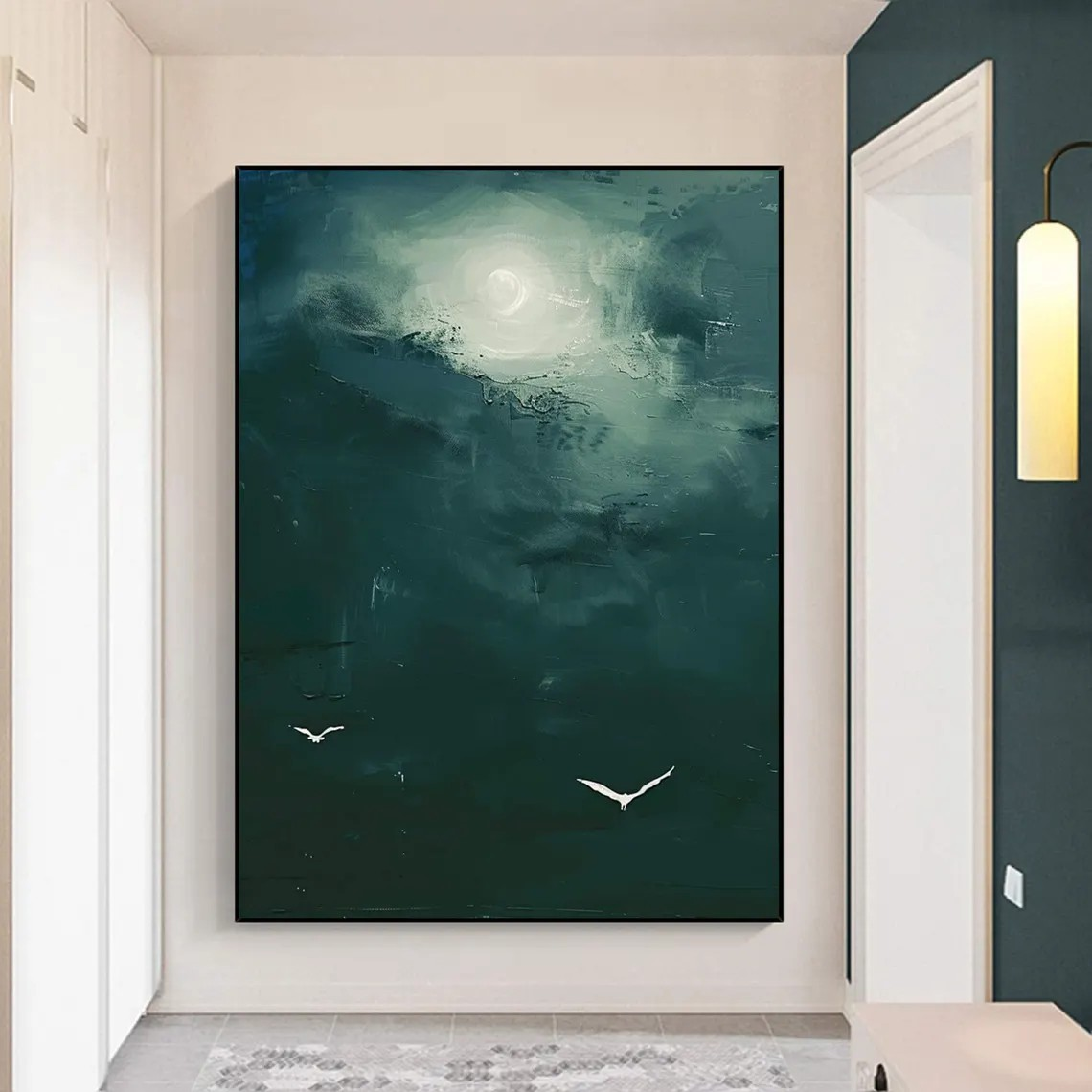 Moonlight & Birds Abstract Canvas Deep Green Wall Art #AP 077