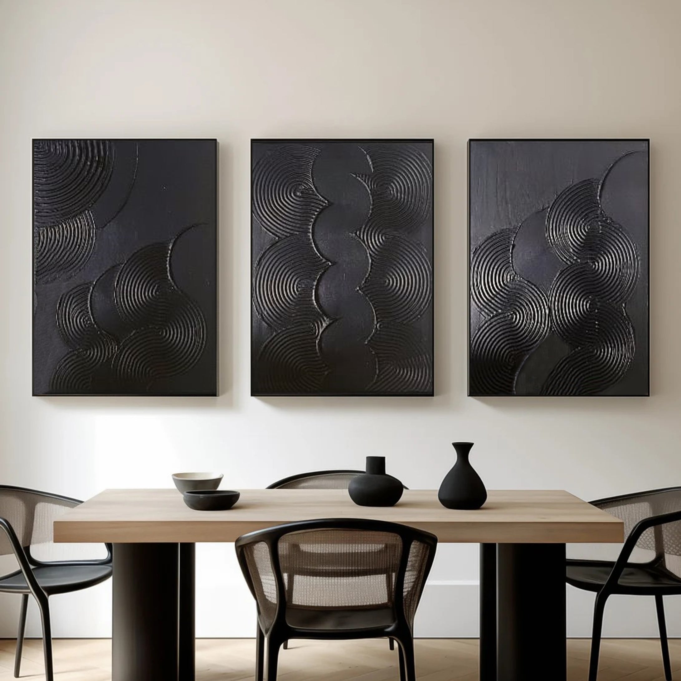Mystic Rhythms Trio of Black Textured Abstract Paintings #MMAS 063