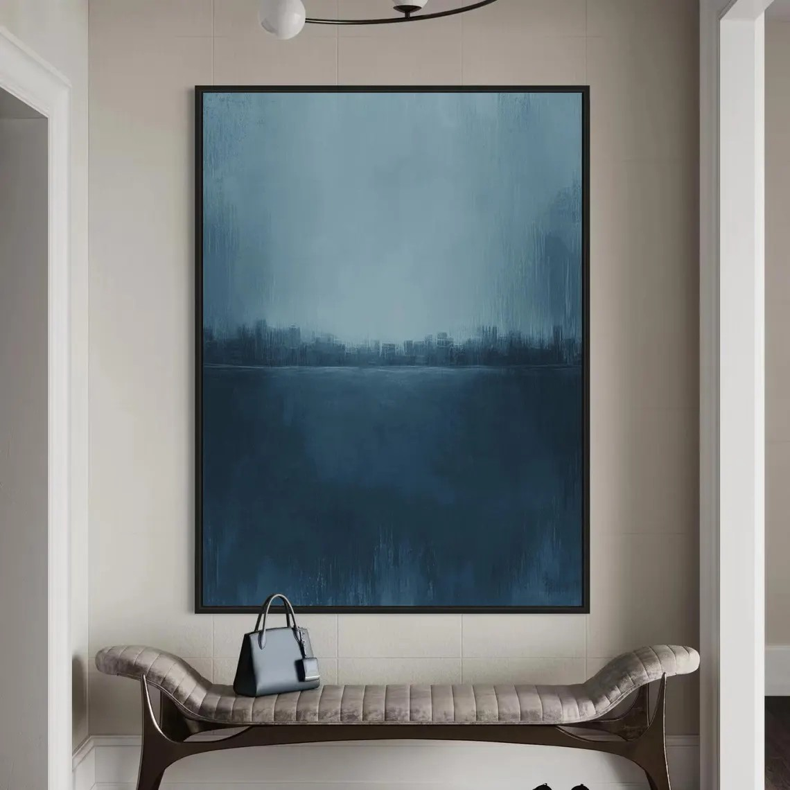 Serene Cityscape Painting Minimalist Blue Calming Wall Art #AP 083