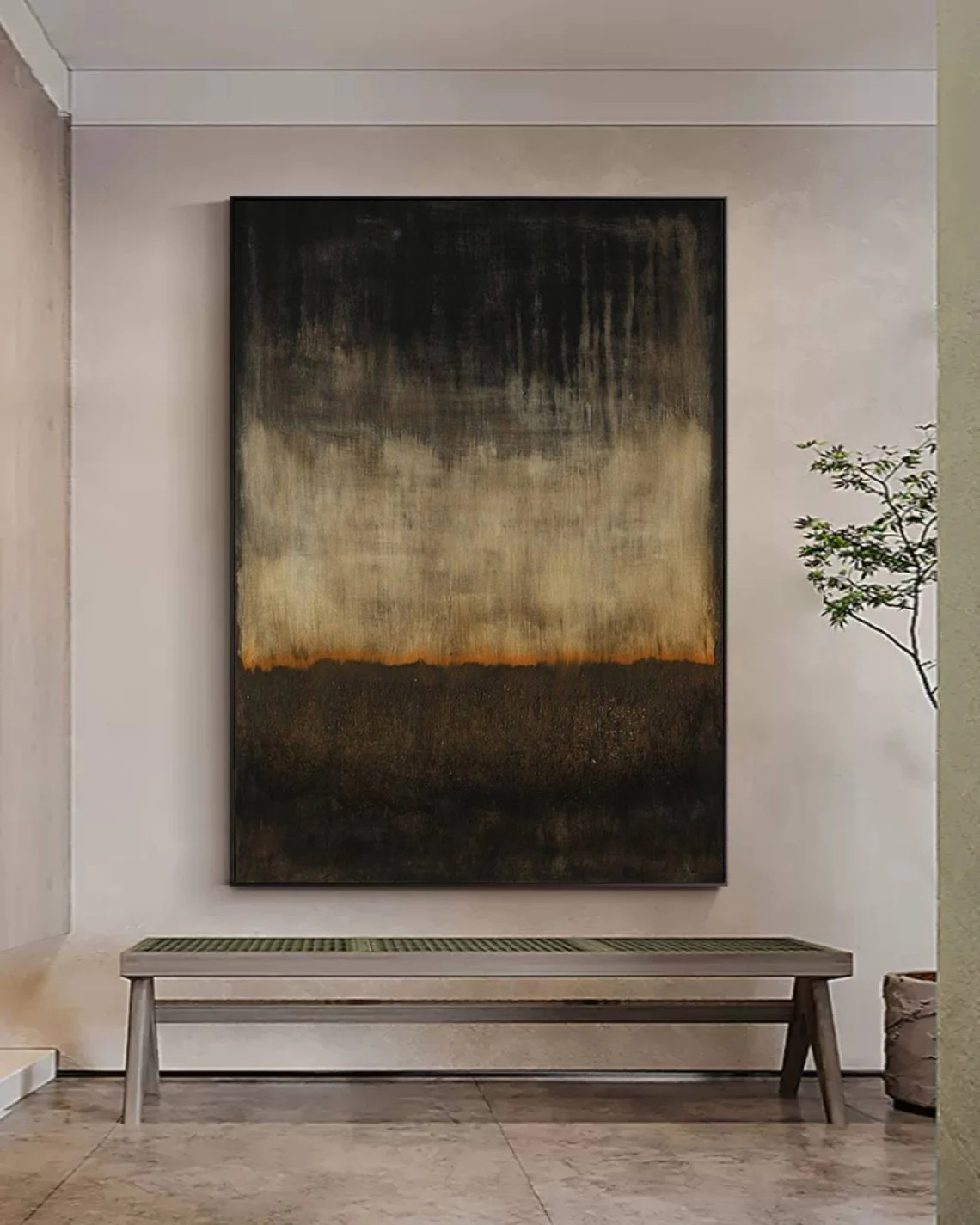 Vertical Beige Abstract Painting - Black & Orange Art #AP 120