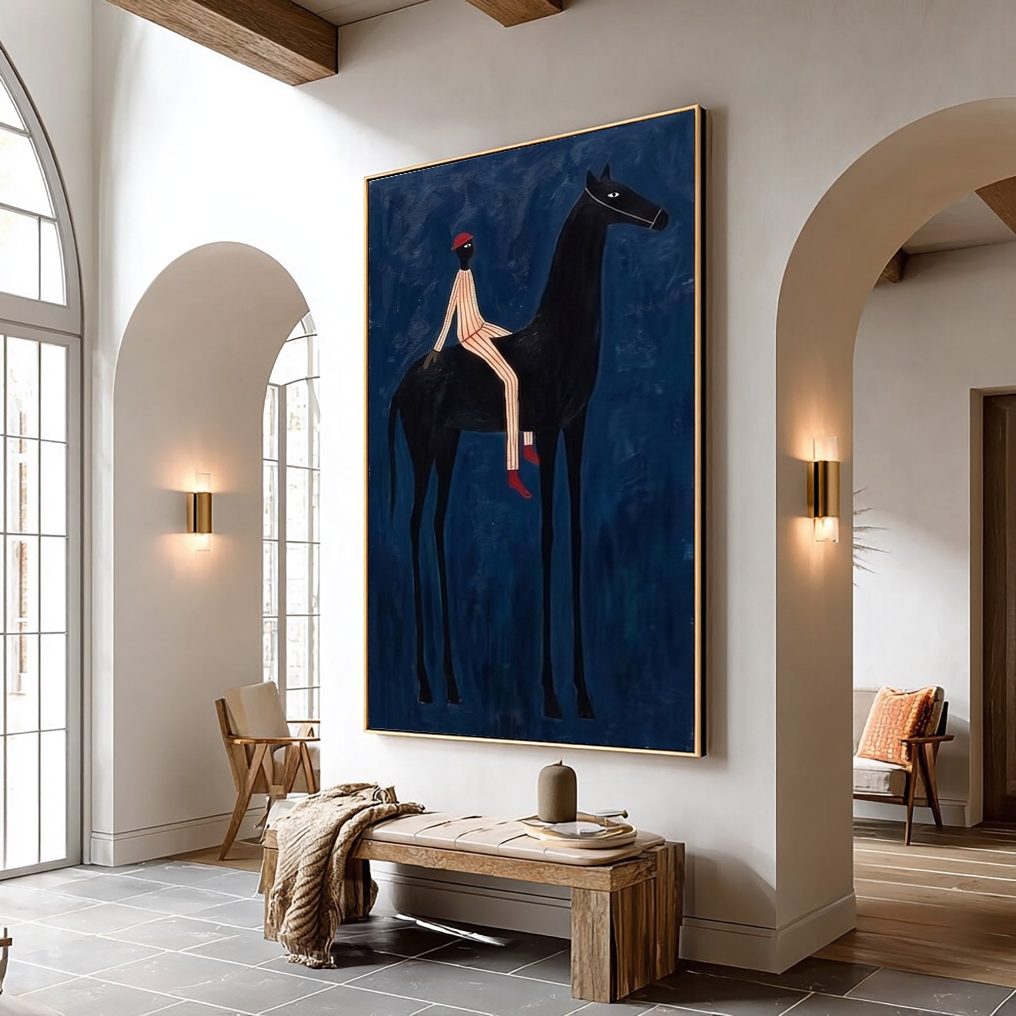 Large Midnight Cowboy Wall Art Modern Equestrian Painting