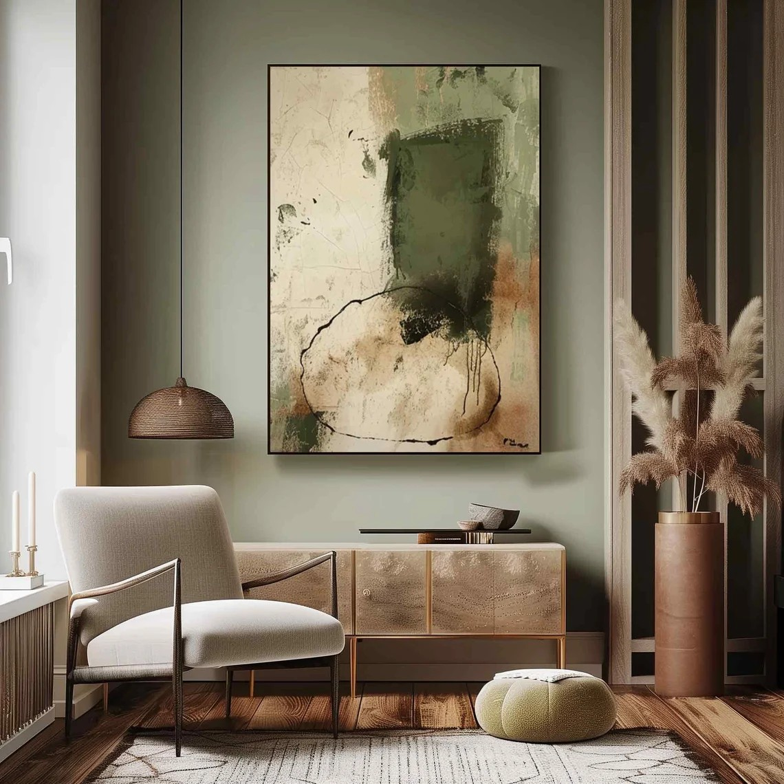 Abstract Green and Beige Wall Art Contemporary Wall Decor #AP 124