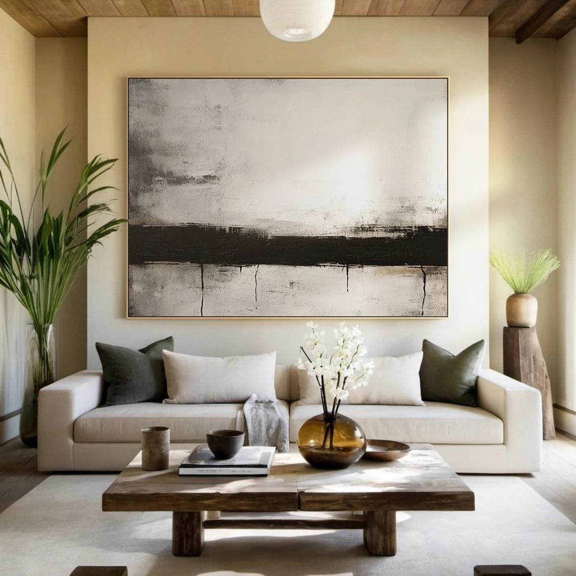 Black Stripe Abstract Painting - Large Horizontal Canvas Art #AP 109