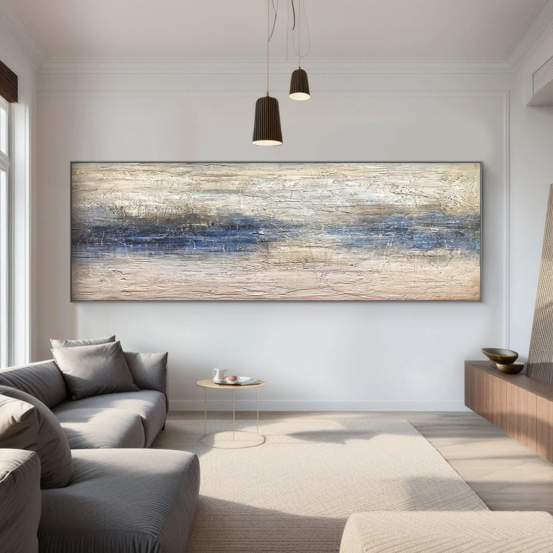 Large Abstract Canvas Art Blue and Beige Modern Wall Decor #AP 079