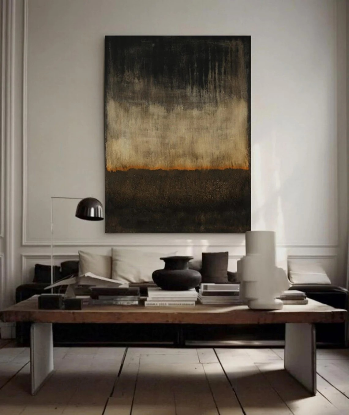 Vertical Beige Abstract Painting - Black & Orange Art #AP 120