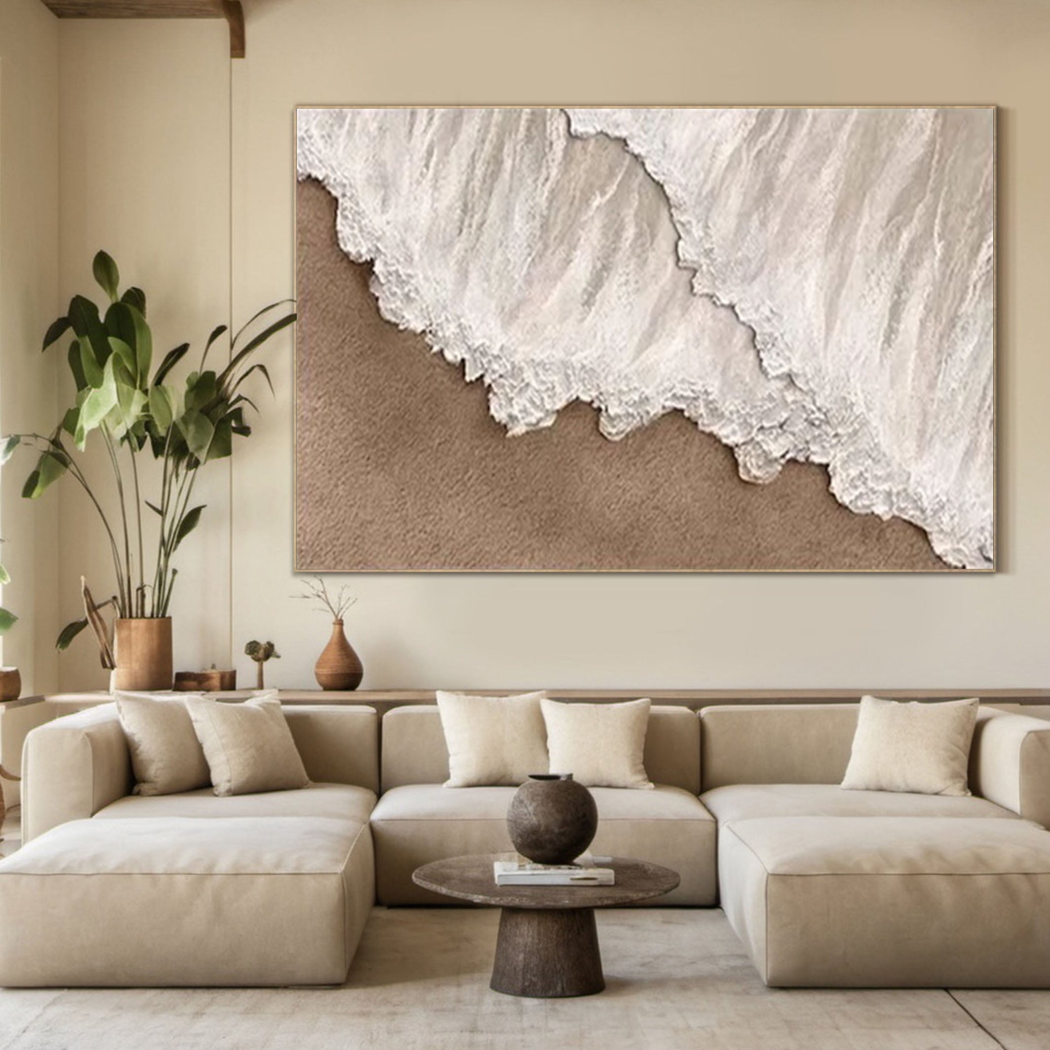 Ocean Whisper Beige Textured Wave Art on Canvas #OS 060