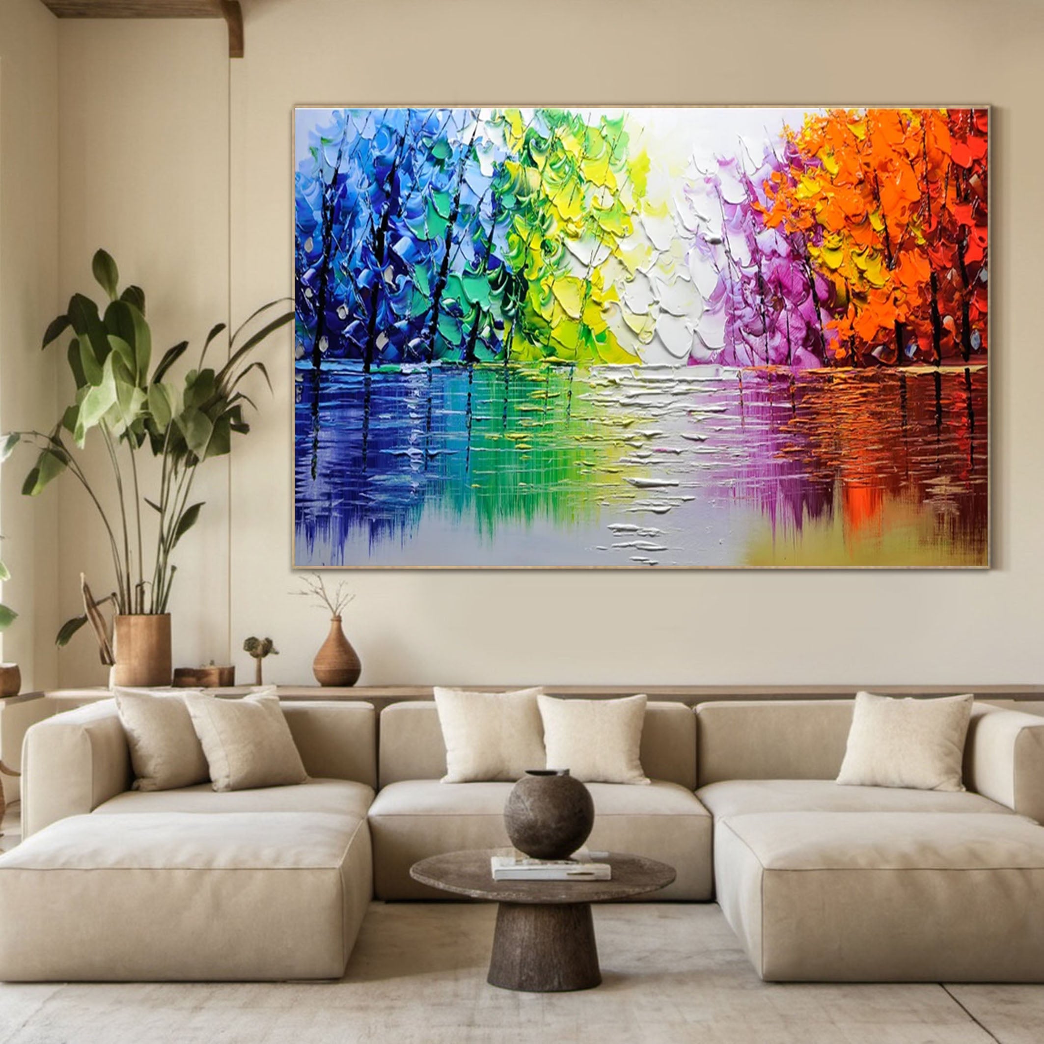 Autumn Romance Vibrant Colorful Tree and River Landscape Painting #FT 046