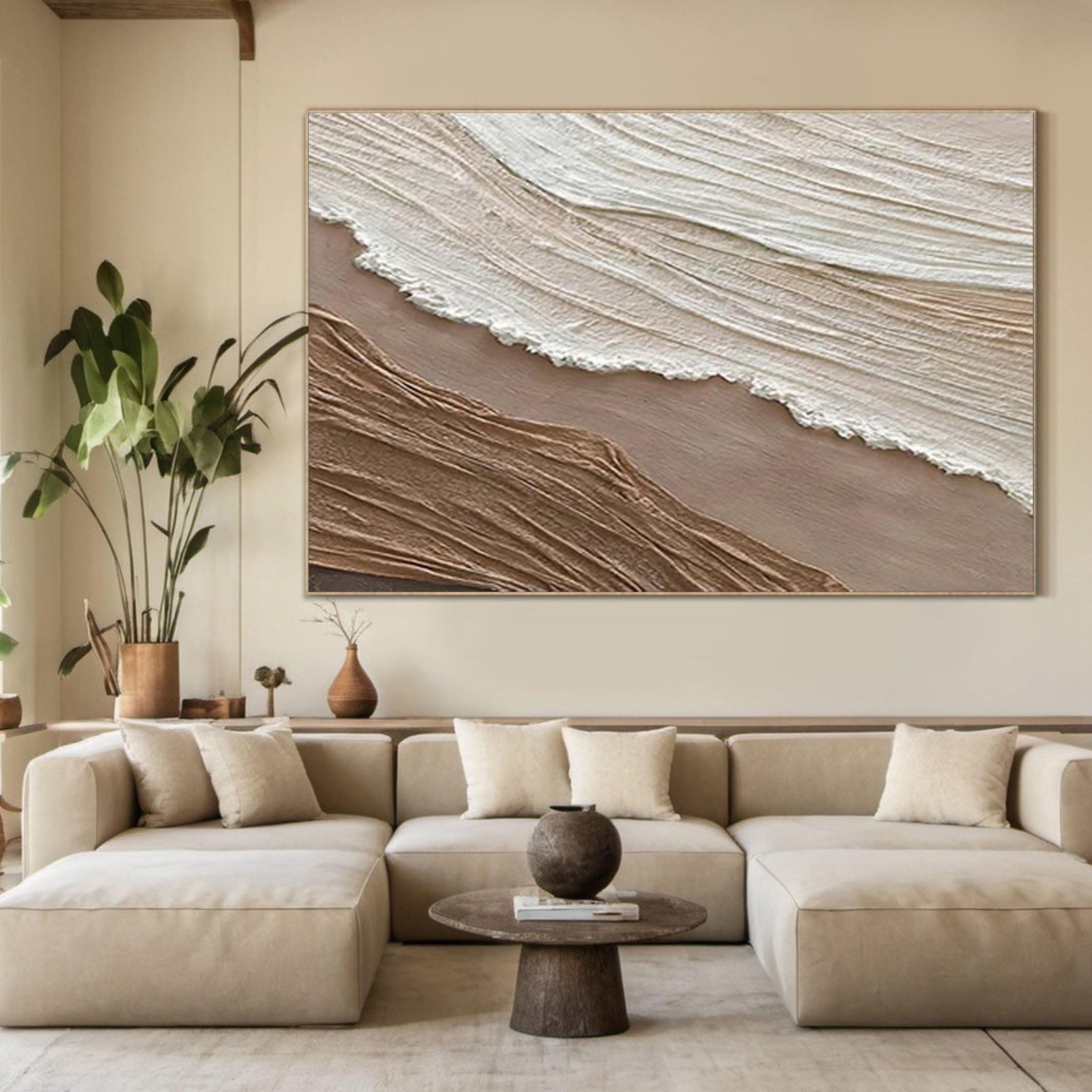 Ocean Whisper Beige Textured Wave Art on Canvas #OS 062