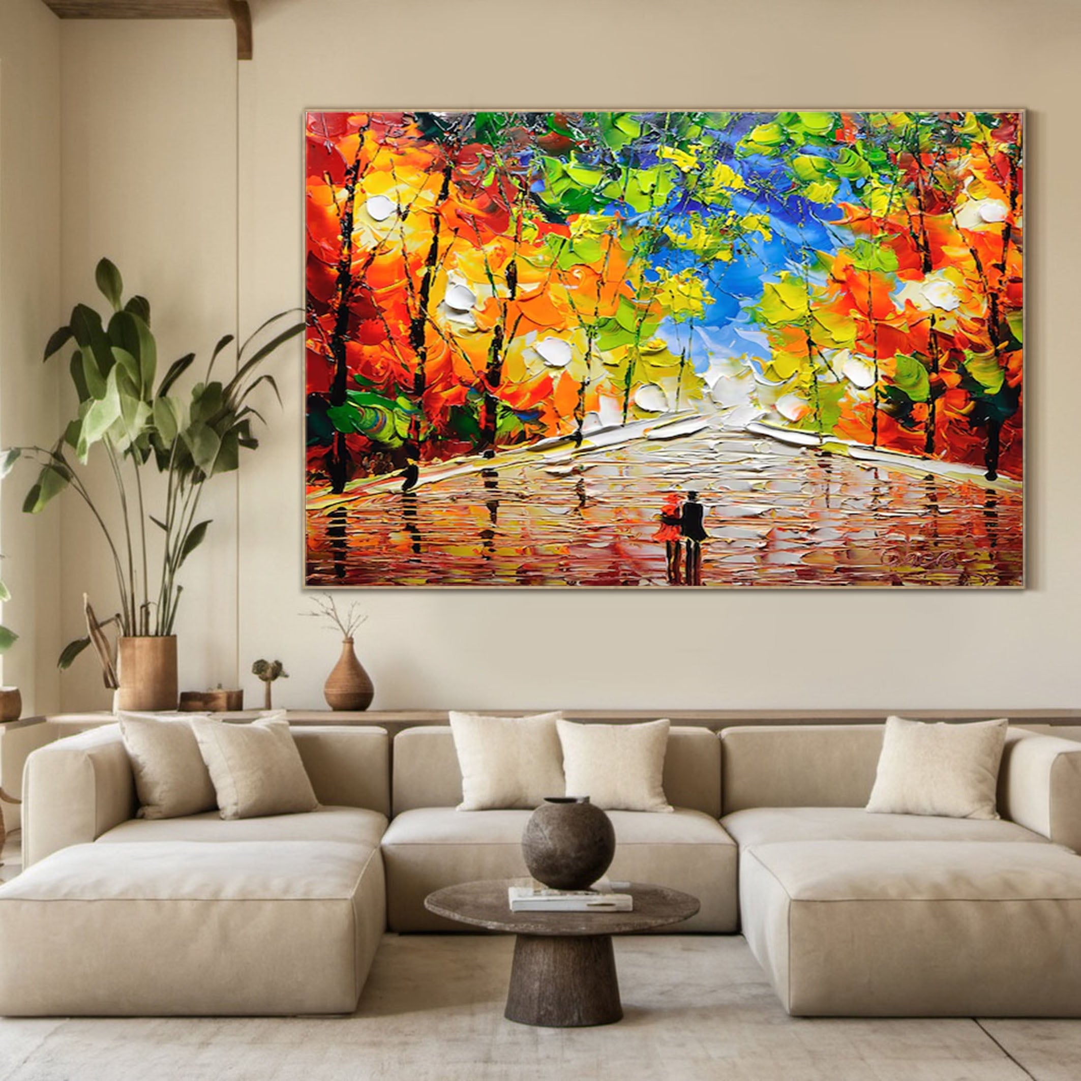 Autumn Romance Vibrant Colorful Tree and River Landscape Painting #FT 044