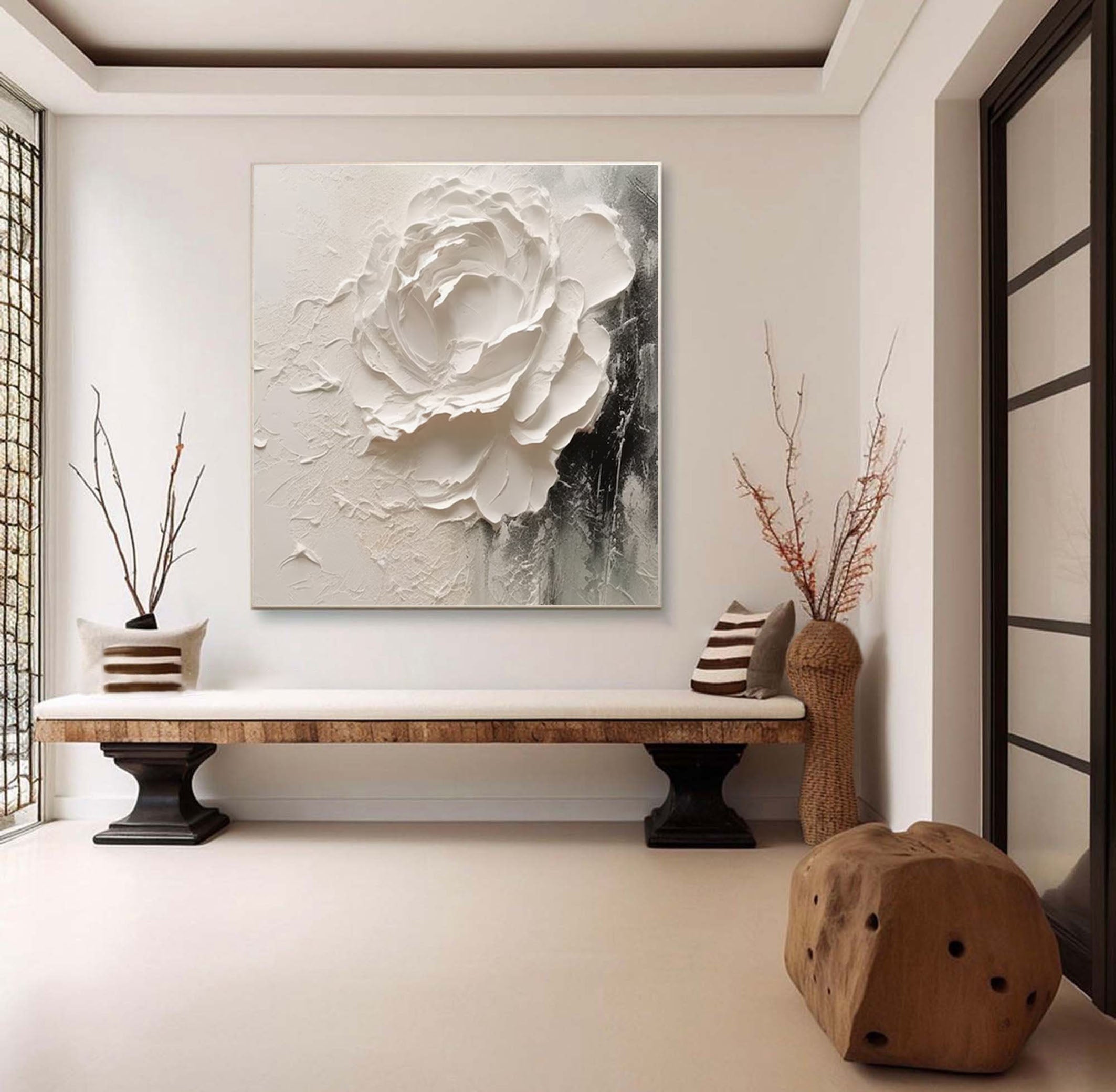 White Rose Painting Textured Floral Wall Art #FT 057