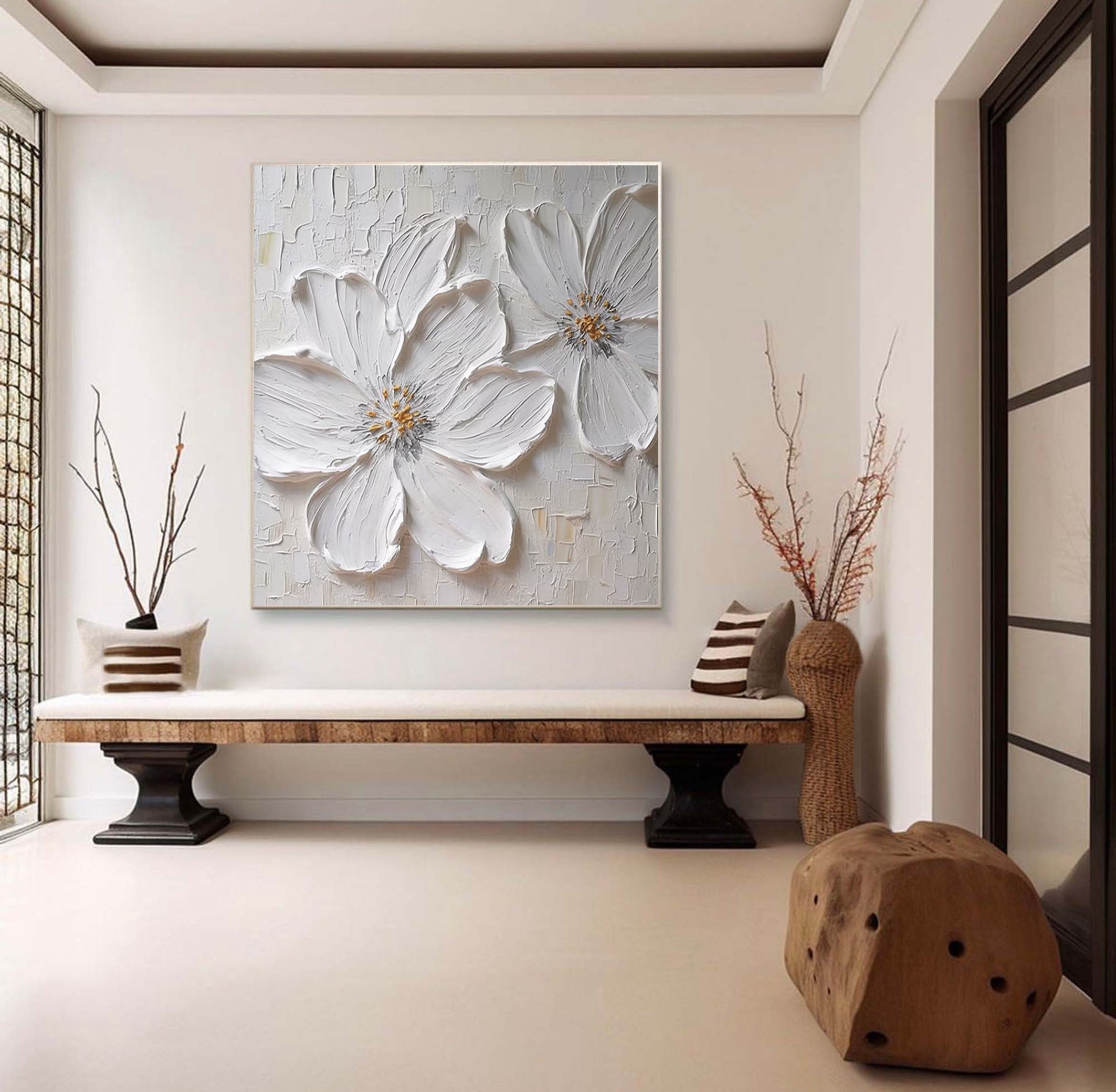 Minimalist White Flower Wall Art Textured Painting for Modern Homes #FT 018