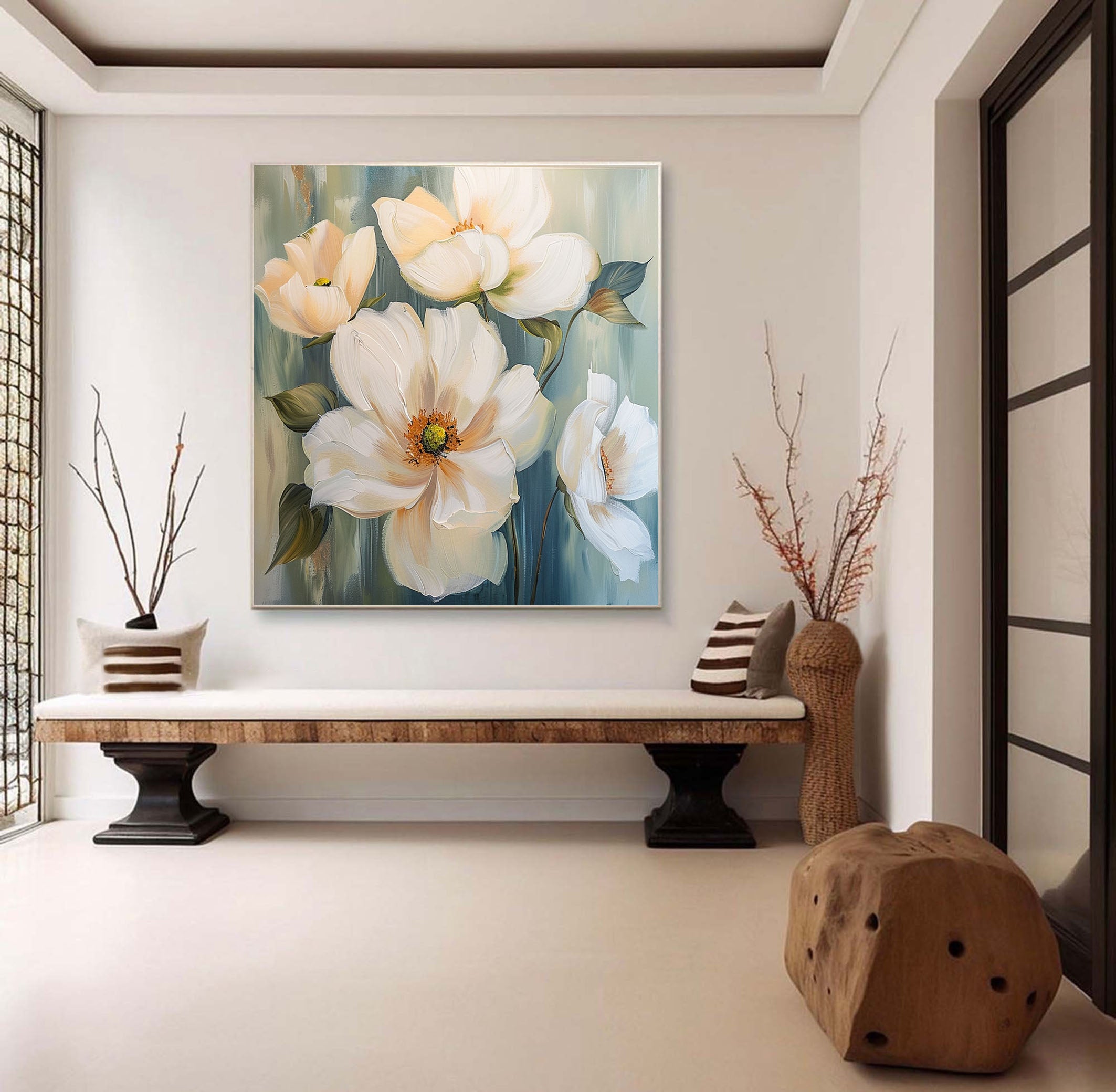 Large Floral Wall Art Tranquil White Blooms on Canvas #FT 019