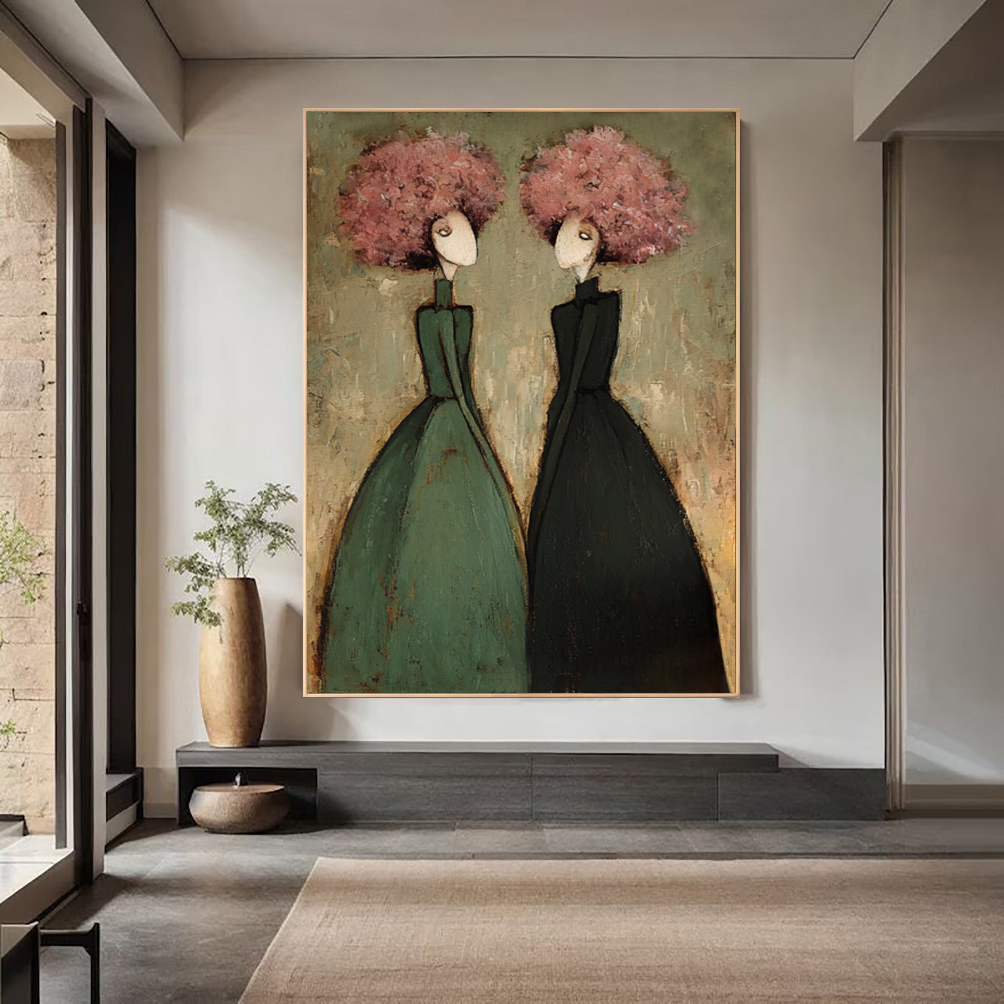 Green Figurative Oil Painting of Two Women #CZ 033