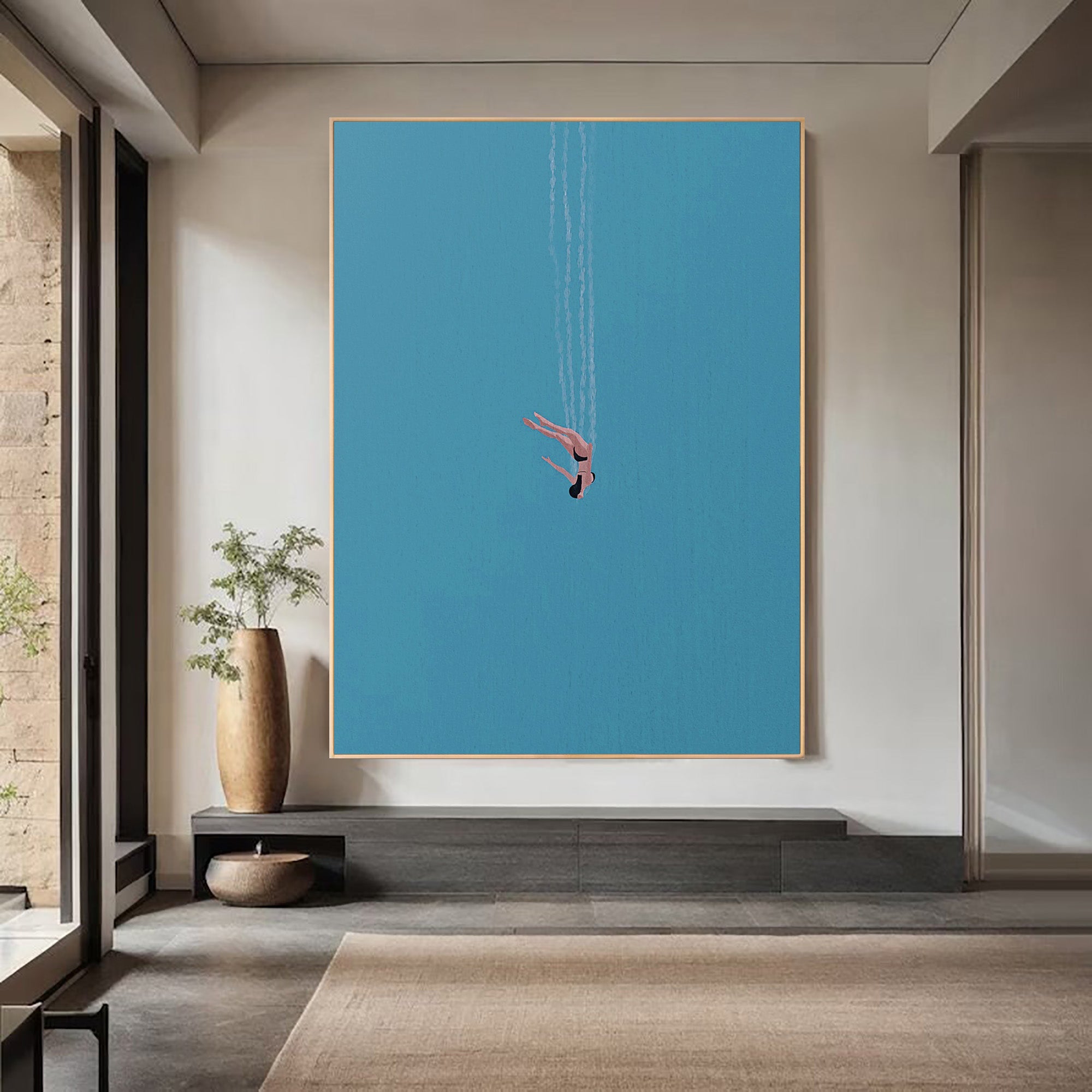 Minimalist Diver Art Blue Abstract Figure Painting #AG 097