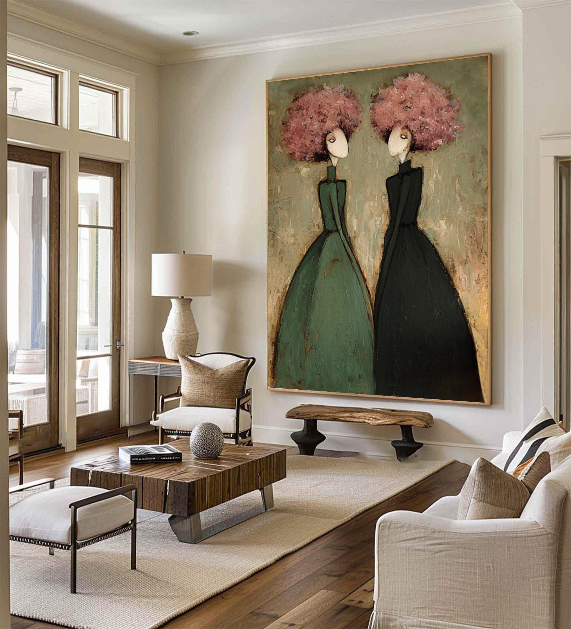 Green Figurative Oil Painting of Two Women #CZ 033