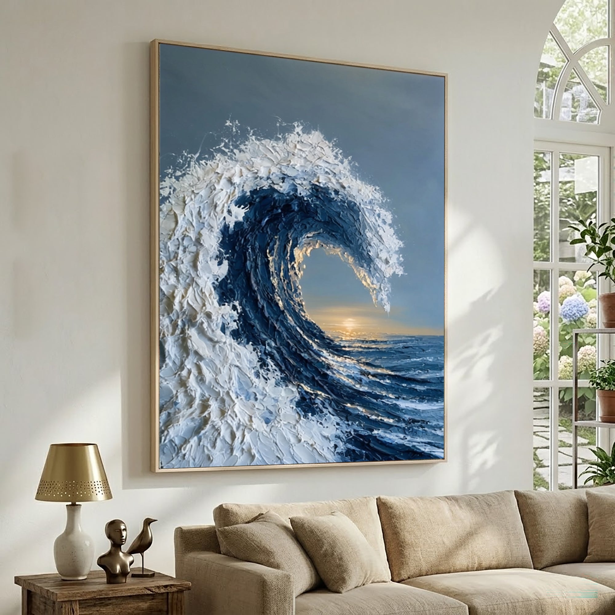 Large Textured Ocean Wave Wall Art Abstract Oil Painting Blue Sea Sunset Horizon Coastal Artwork Modern Home Interior Decor