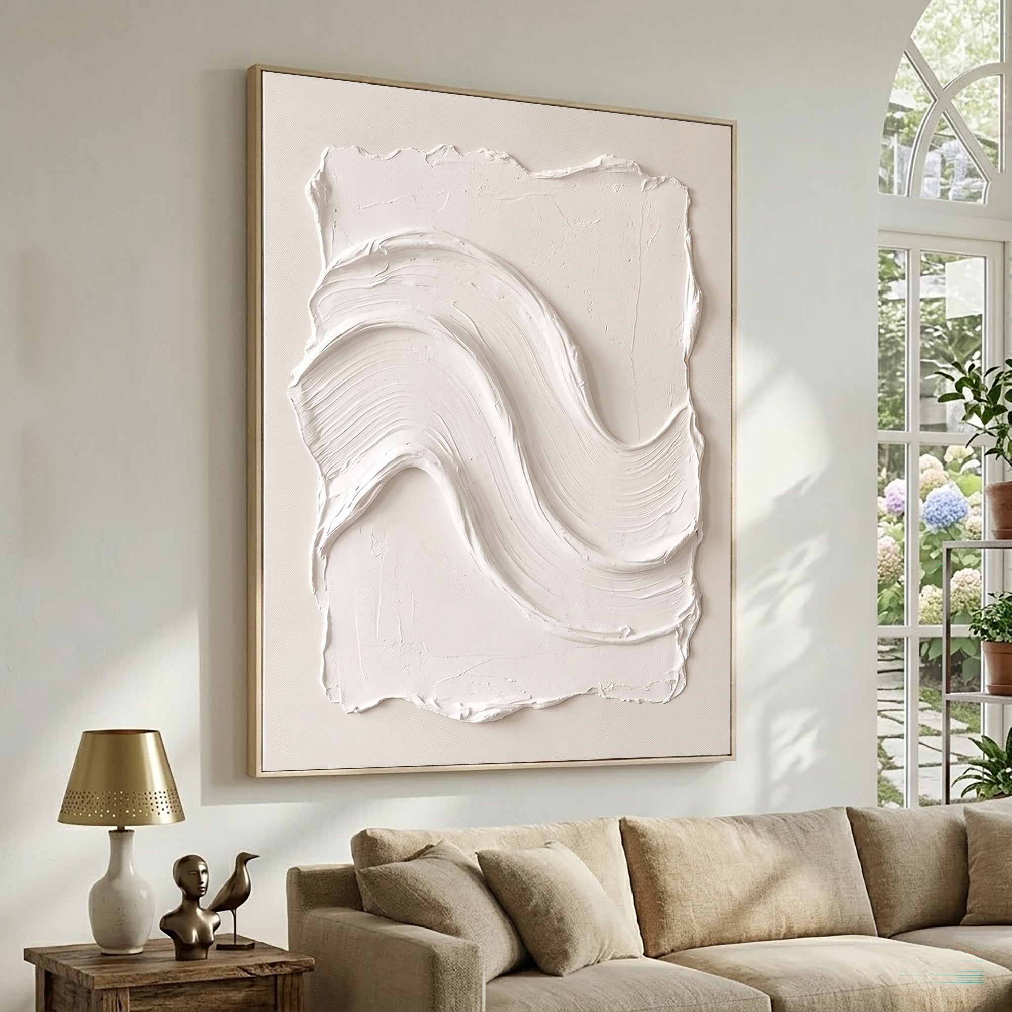 Large Minimalist White Wall Art Textured Oil Painting Abstract Wave Relief Artwork Modern Neutral Interior Decor