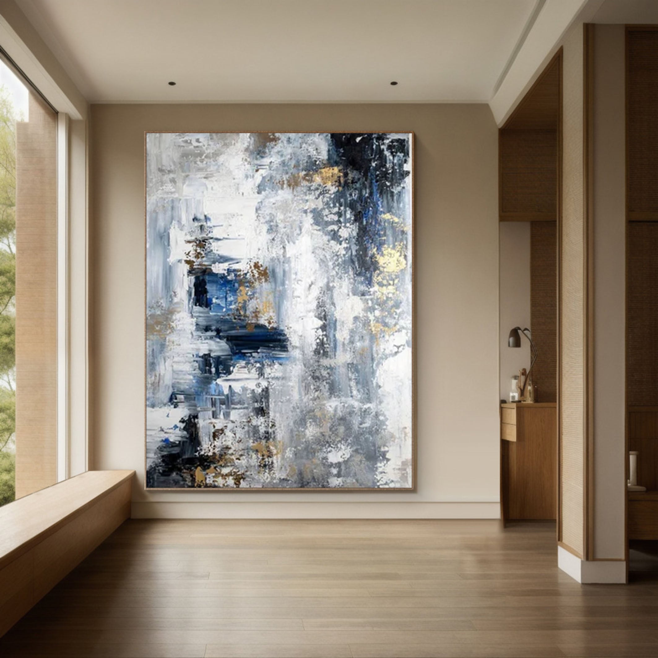 Large Modern Abstract Wall Art Blue and Metallic Painting #AP 062