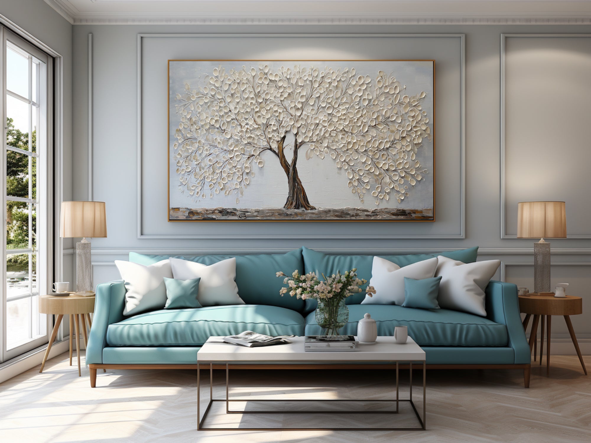 Textured Gold Leaf Tree Art Modern Living Room #AG 091